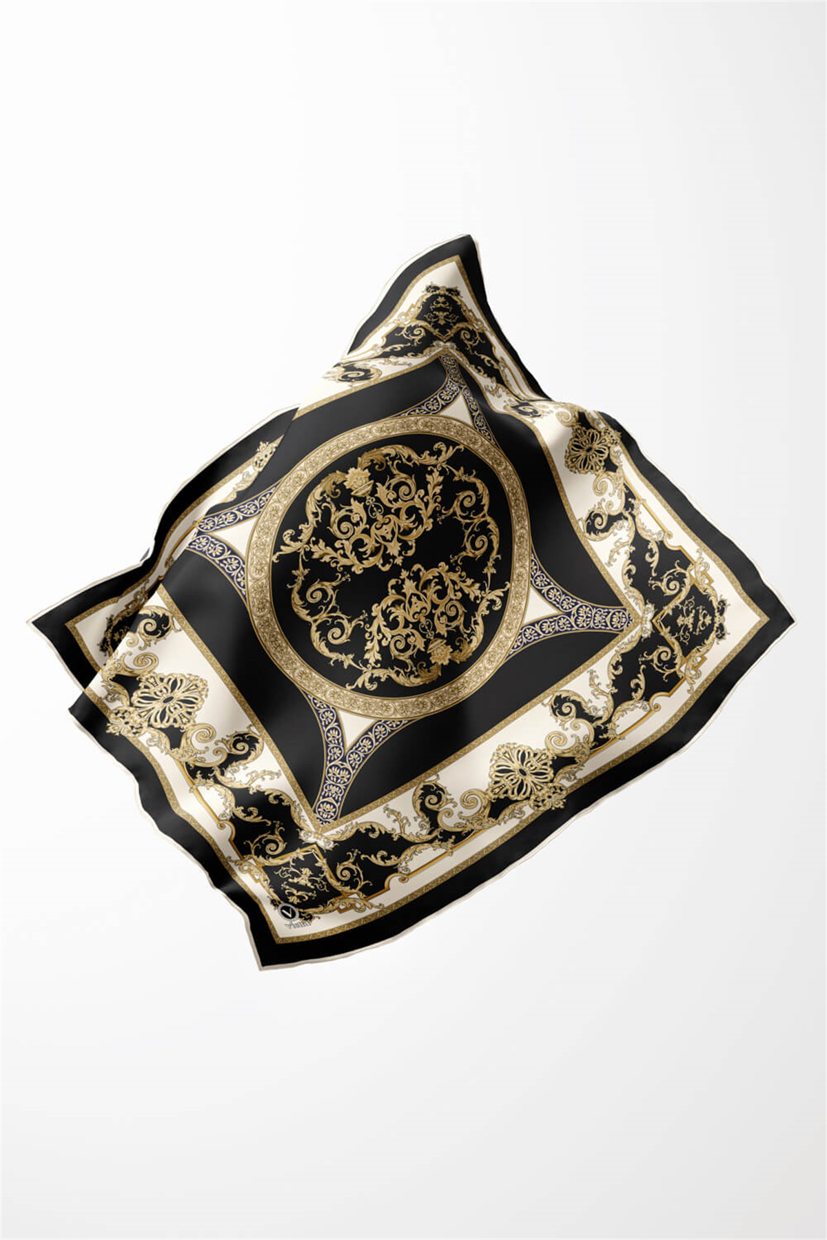 Twill Barok Desenli Siyah Renkli 90x90 Eşarp (İpek İçermez) Kenar Dikiş Şekli El Dikişli