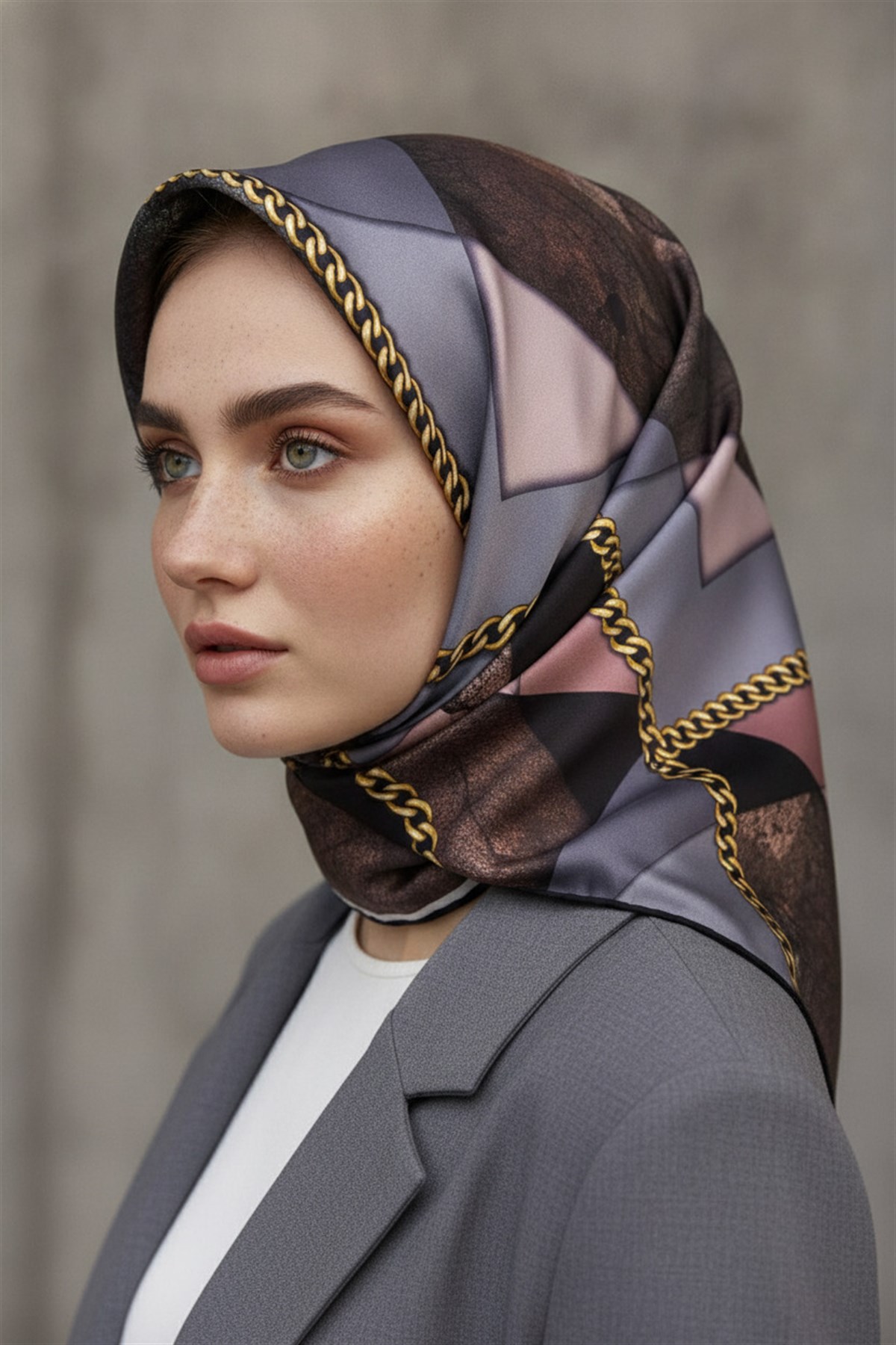 %100 Twill İpek Taş Efekti Desenli Pudra - Gri Renkli 90x90 Eşarp Dikim Şekli : El Dikişi
