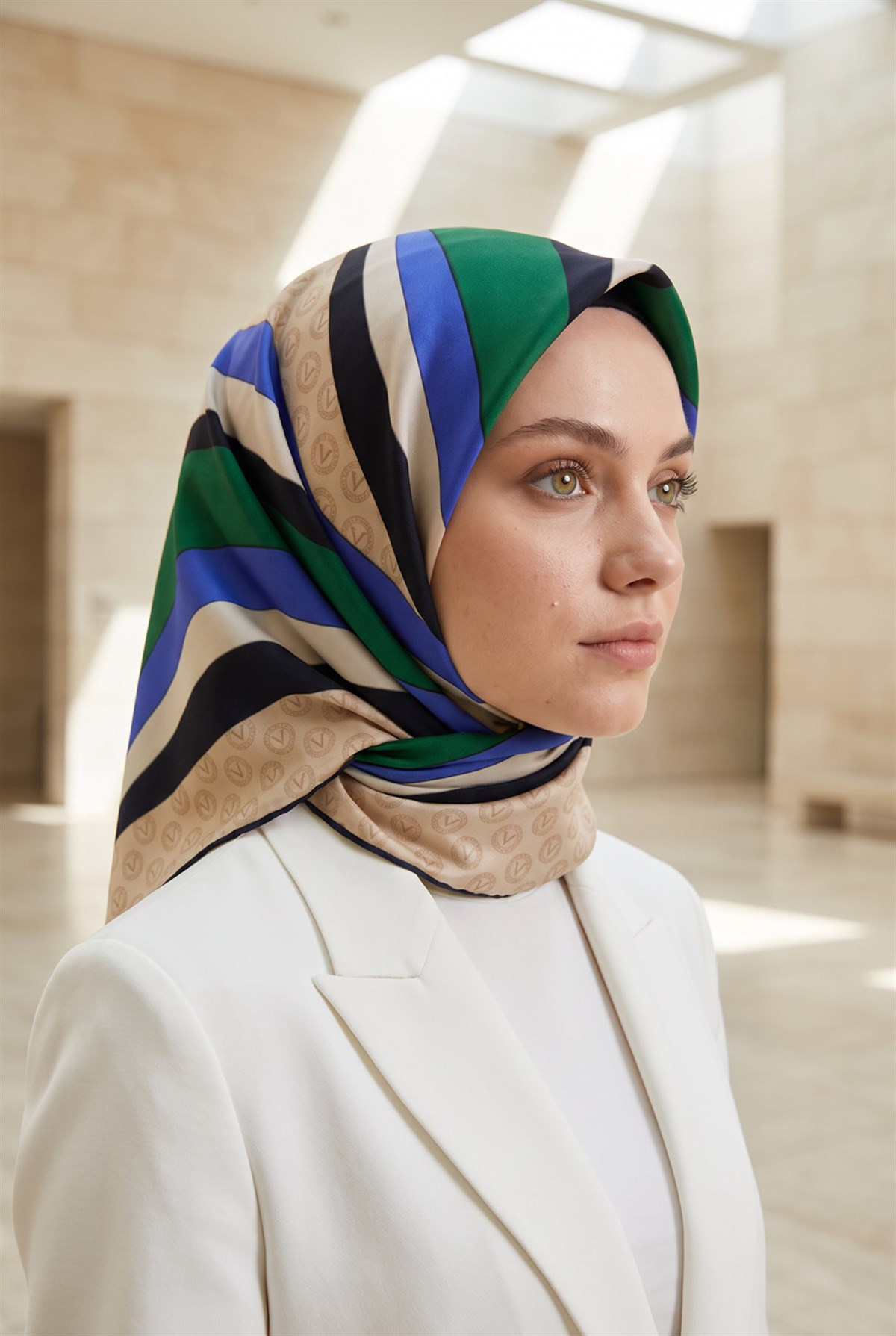 %100 Twill İpek Monogram Ve Geometrik Desenli Saks - Zümrüt Yeşili  Renkli 90x90 Eşarp Dikim Şekli : El Dikişi