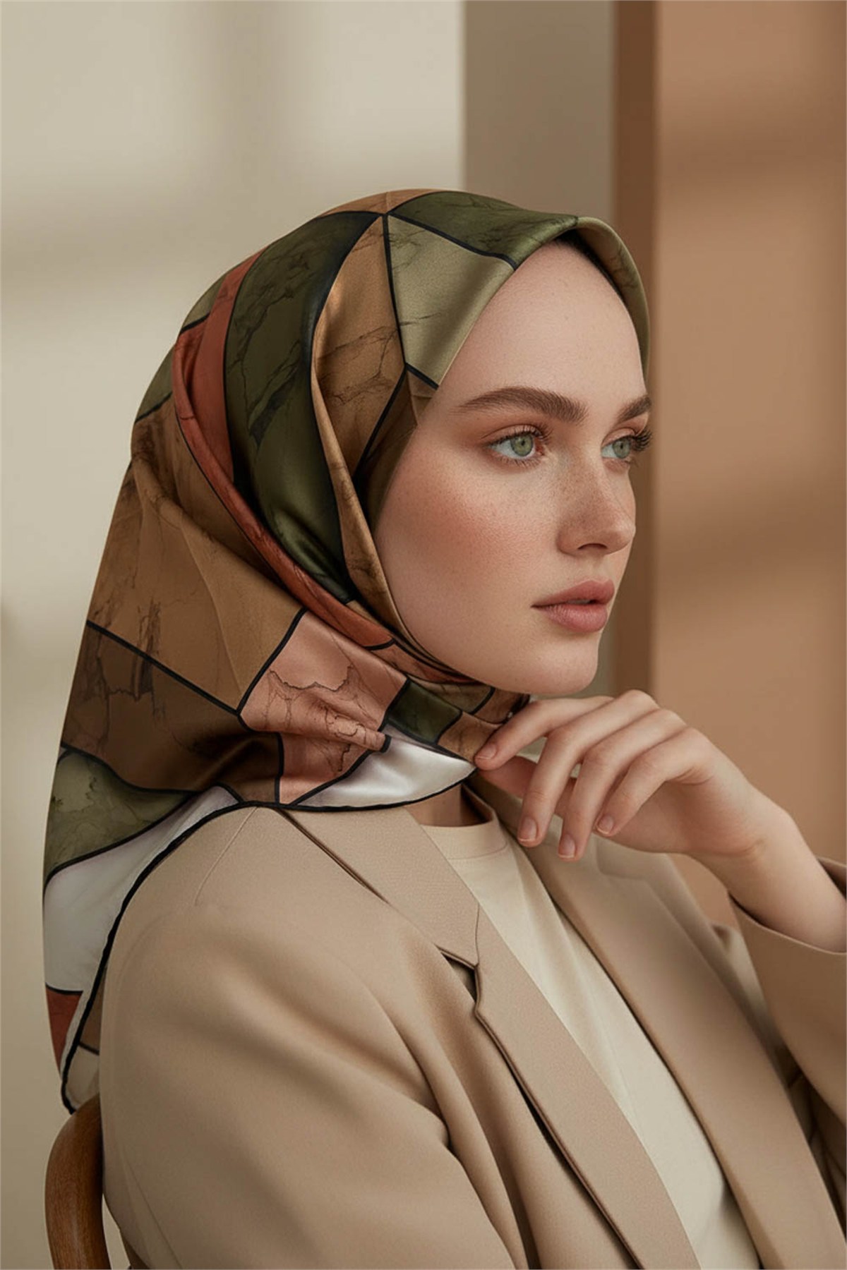 Rayon Mermer Desenli Bakır - Haki Renkli 90x90 Eşarp (İpek İçermez) Kenar Dikiş Şekli El Dikişli