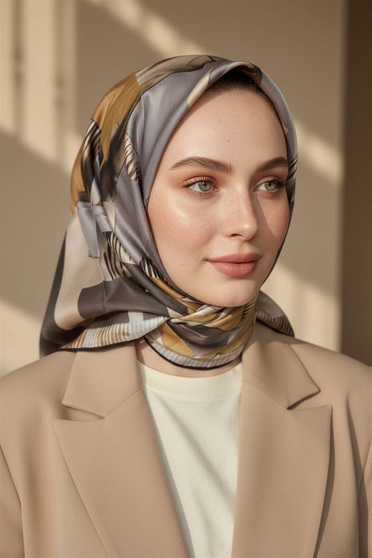 %100 Twill İpek Geometrik Desenli Gri - Bej Kabuğu Renkli 90x90 Eşarp Dikim Şekli : El Dikişi