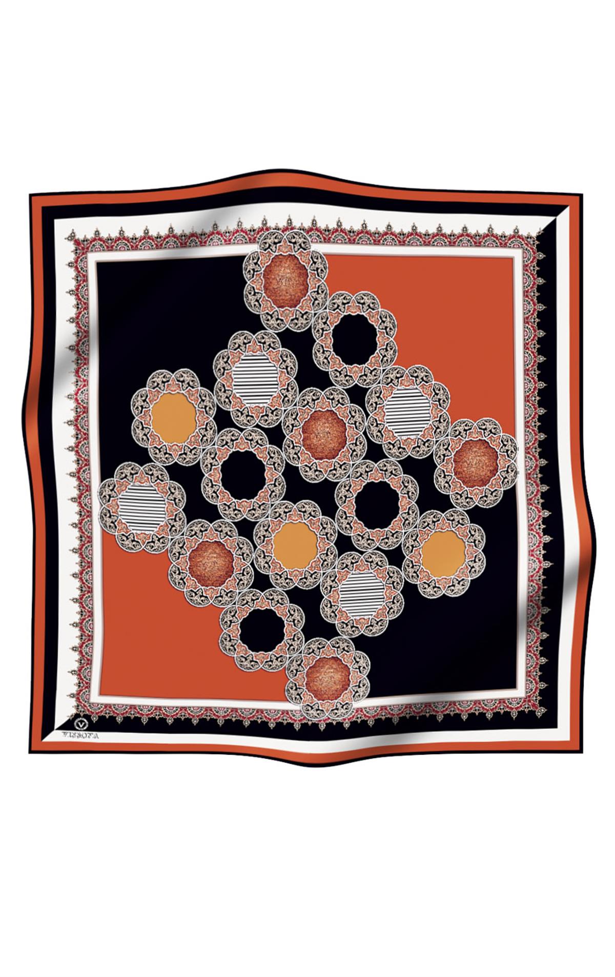 %100 Twill Türk Motifi  Desenli Siyah - Taba Renkli 90x90 Eşarp Dikim Şekli: El Dikişi