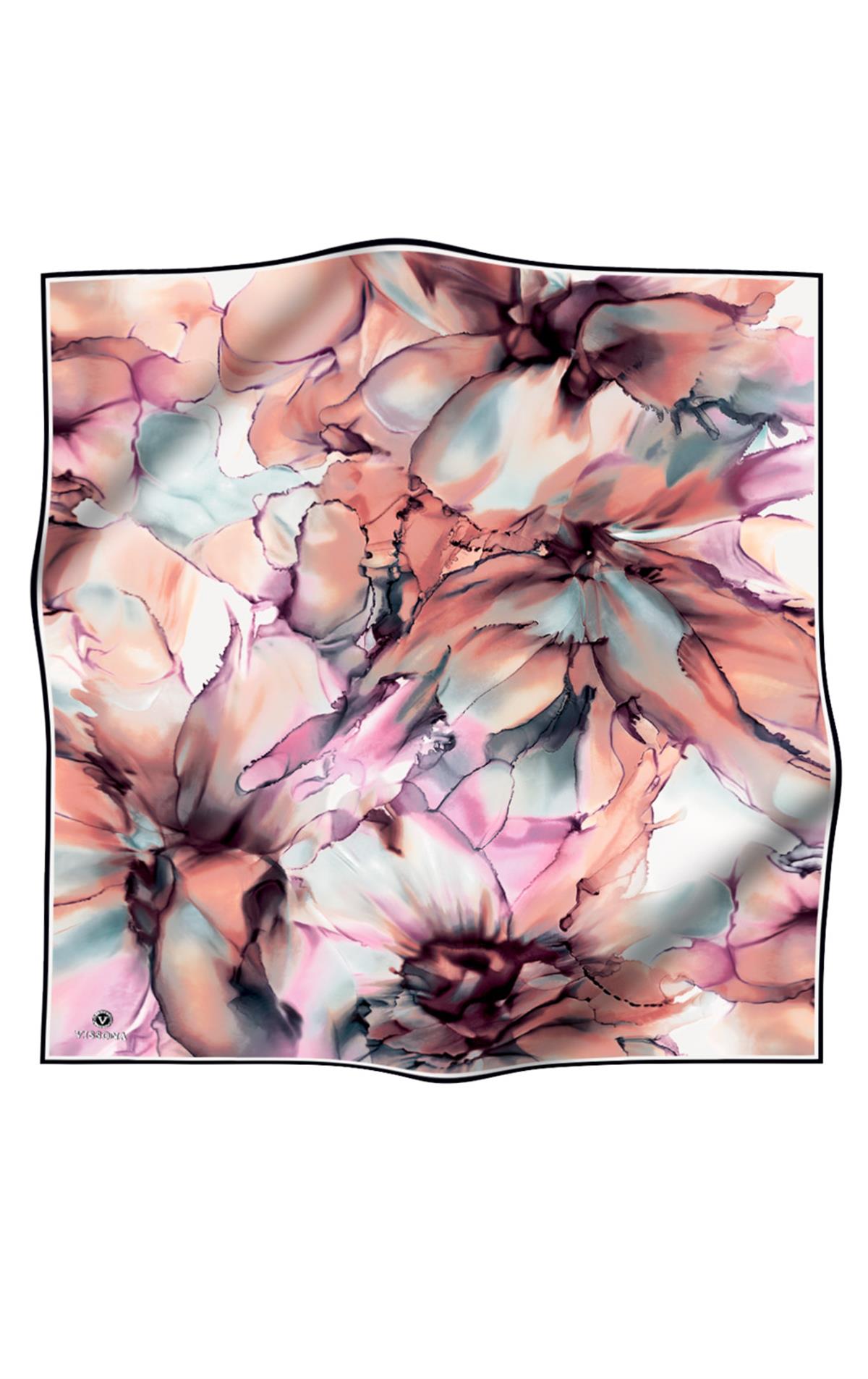 %100 Twill İpek Batik Çiçek Desenli Somon - Lila Renkli 90x90 Eşarp Kenar Dikiş Şekli El Dikişli