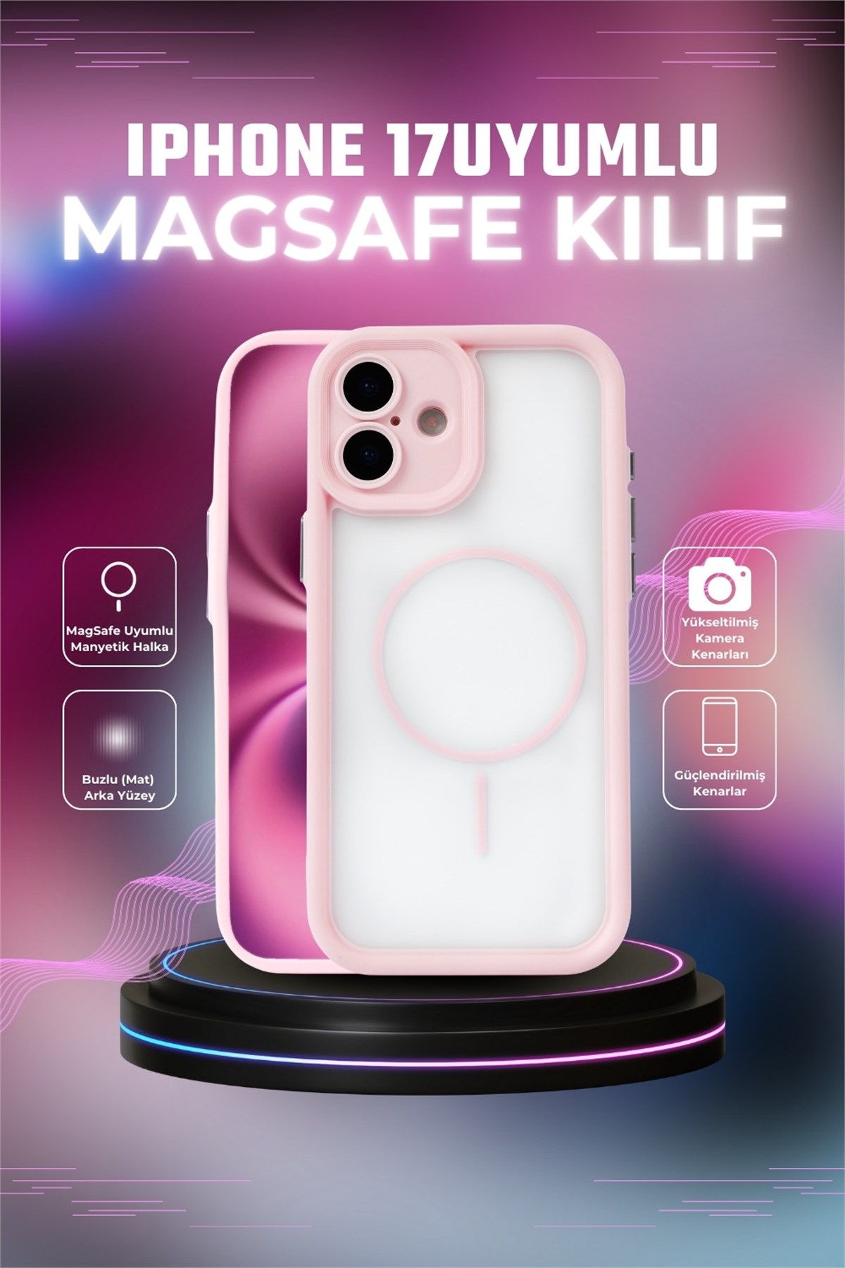 iPhone 17 Kılıf – Kamera Korumalı – MagSafe Uyumlu – Pembe Renk – Mat Silikon Telefon Kılıfı