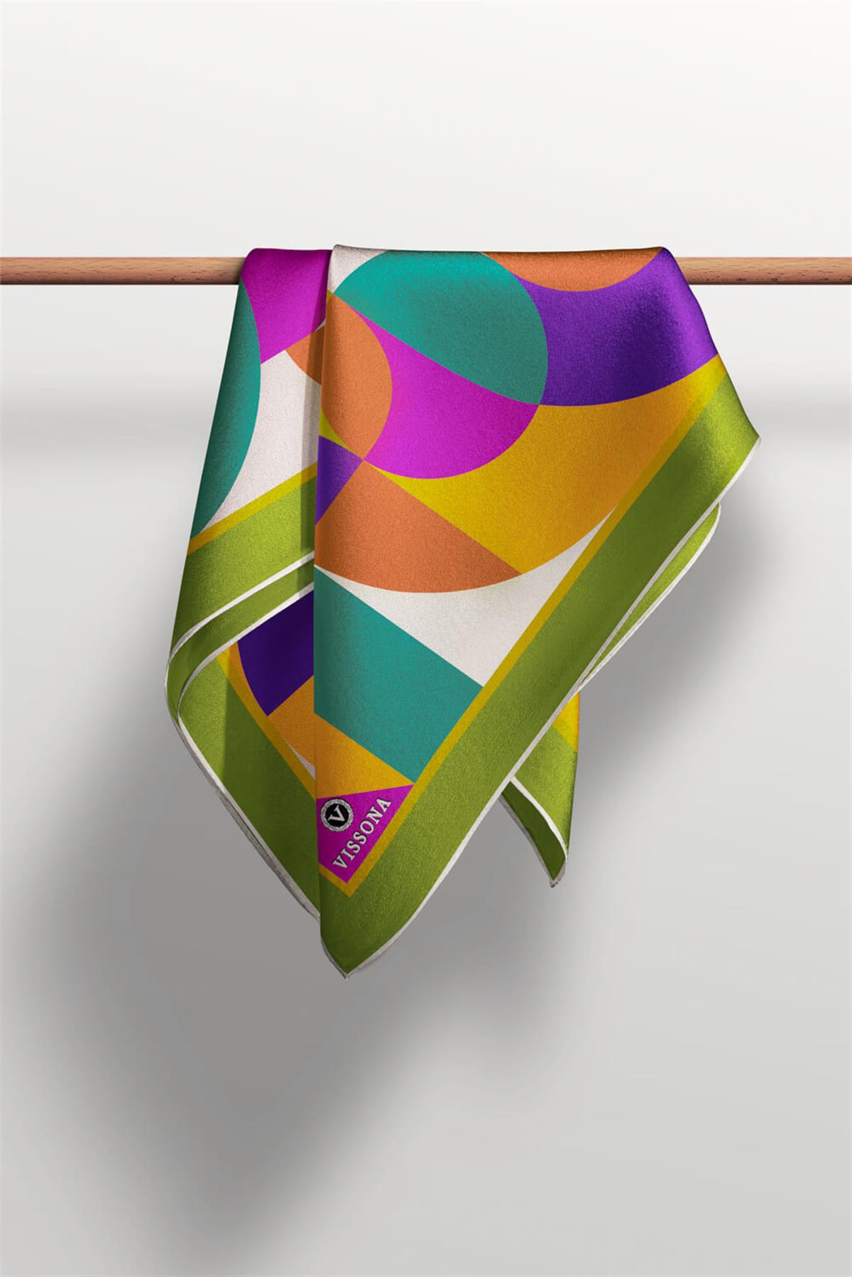 %100 Twill Renk Bloklu Çizgili Desenli Haki - Mor Renkli 90x90 Eşarp Dikim Şekli: El Dikişii