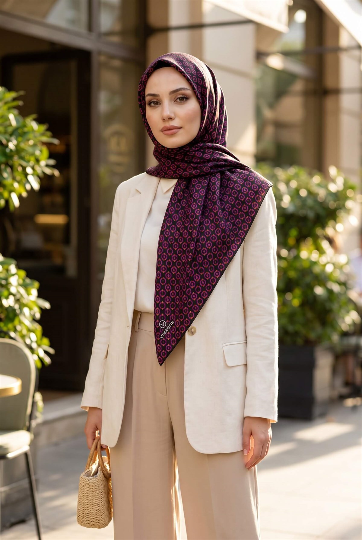 %100 Twill İpek Zincir Desenli Siyah - Fuşya Renkli 90x90 Eşarp Kenar Dikiş Şekli El Dikişli