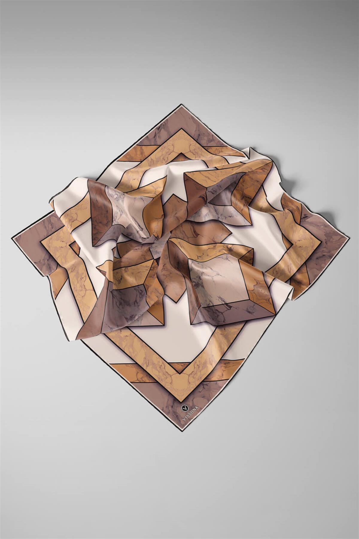 %100 Twill İpek Mermer Desenli Hardal - Bej Renkli 90x90 Eşarp Dikim Şekli : El Dikişi