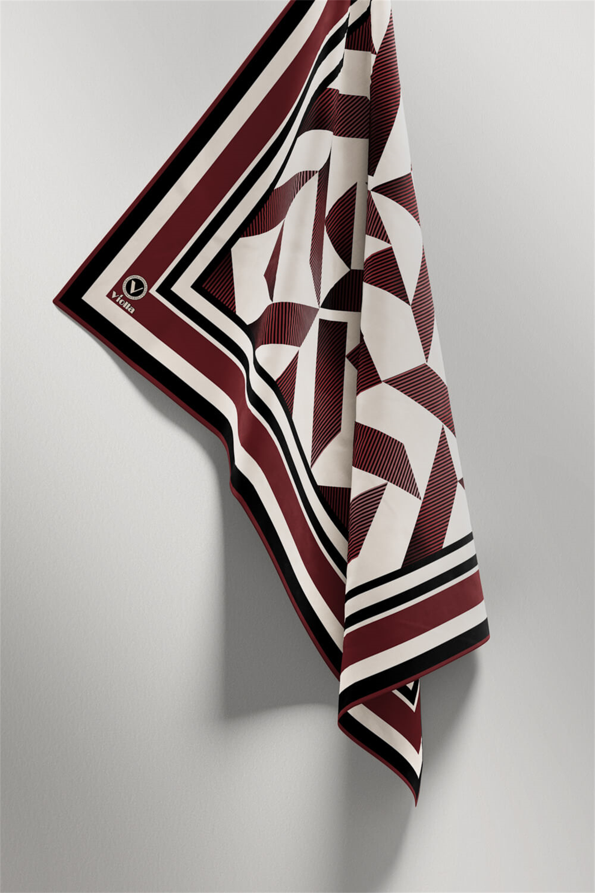 Twill Geometrik Desenli Şarabi Renkli 90x90 Eşarp (İpek İçermez) Kenar Dikiş Şekli El Dikişli