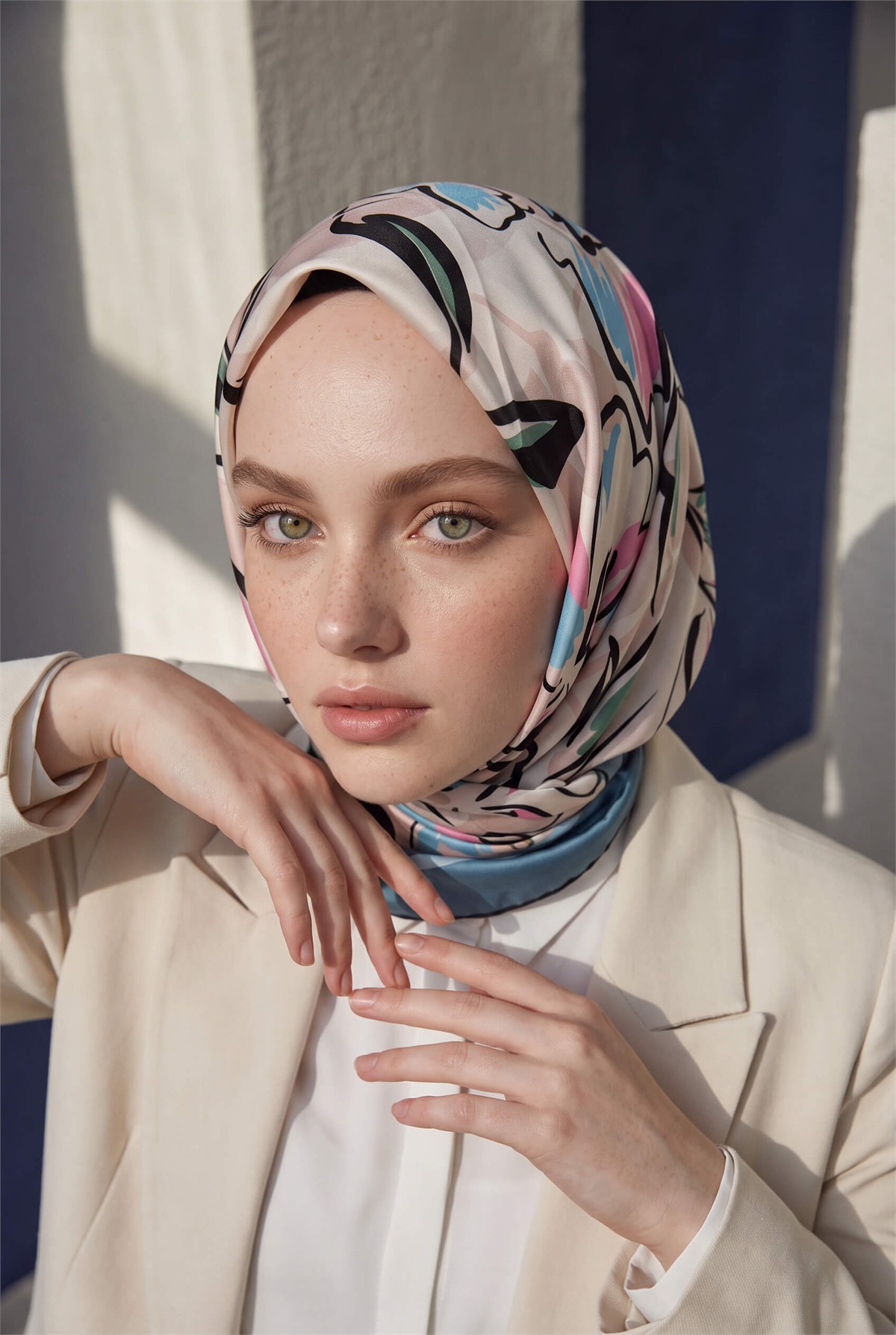 Rayon Bordürlü Çiçek Desenli Petrol Mavisi Renkli 90x90 Dikim Şekli : El Dikişi Eşarp (İpek İçermez)