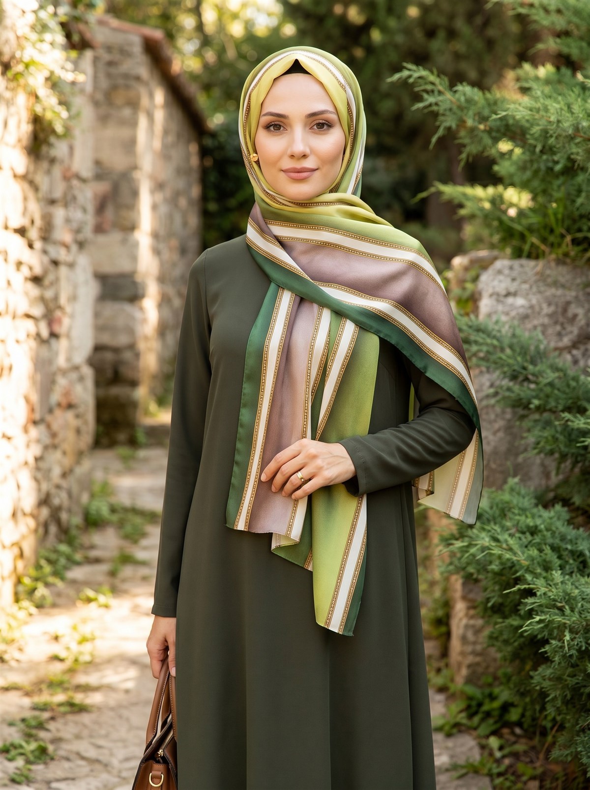 %100 Saf İpek Şal İnce Saten Vual Dokuma Şerit Desenli Gold - Mint Yeşili Renkli 90x210 Şal