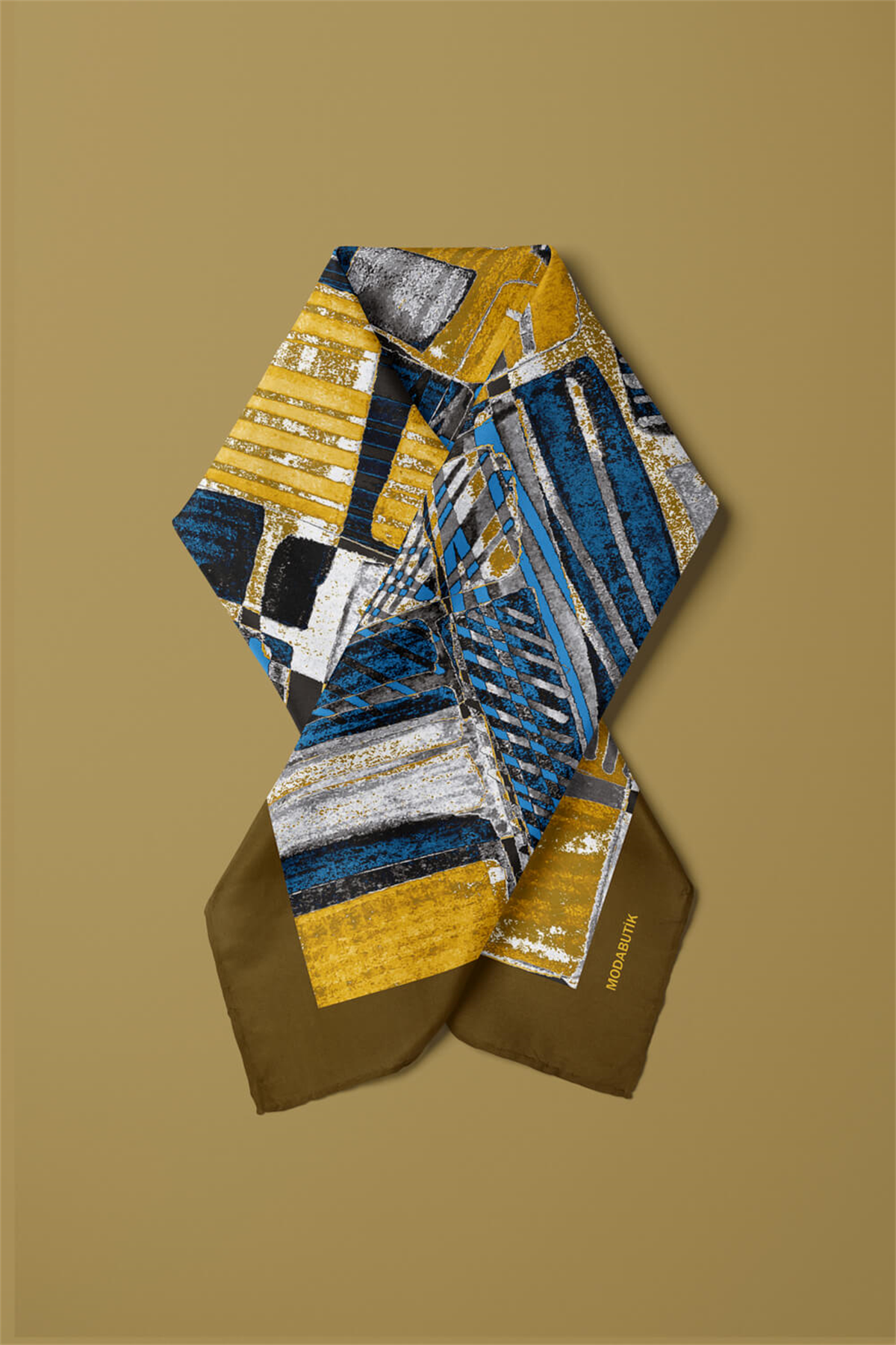 Z77 Kadın Egzotik Desenli Bandana 50x50 Sarı Mavi Gri DG0488-22