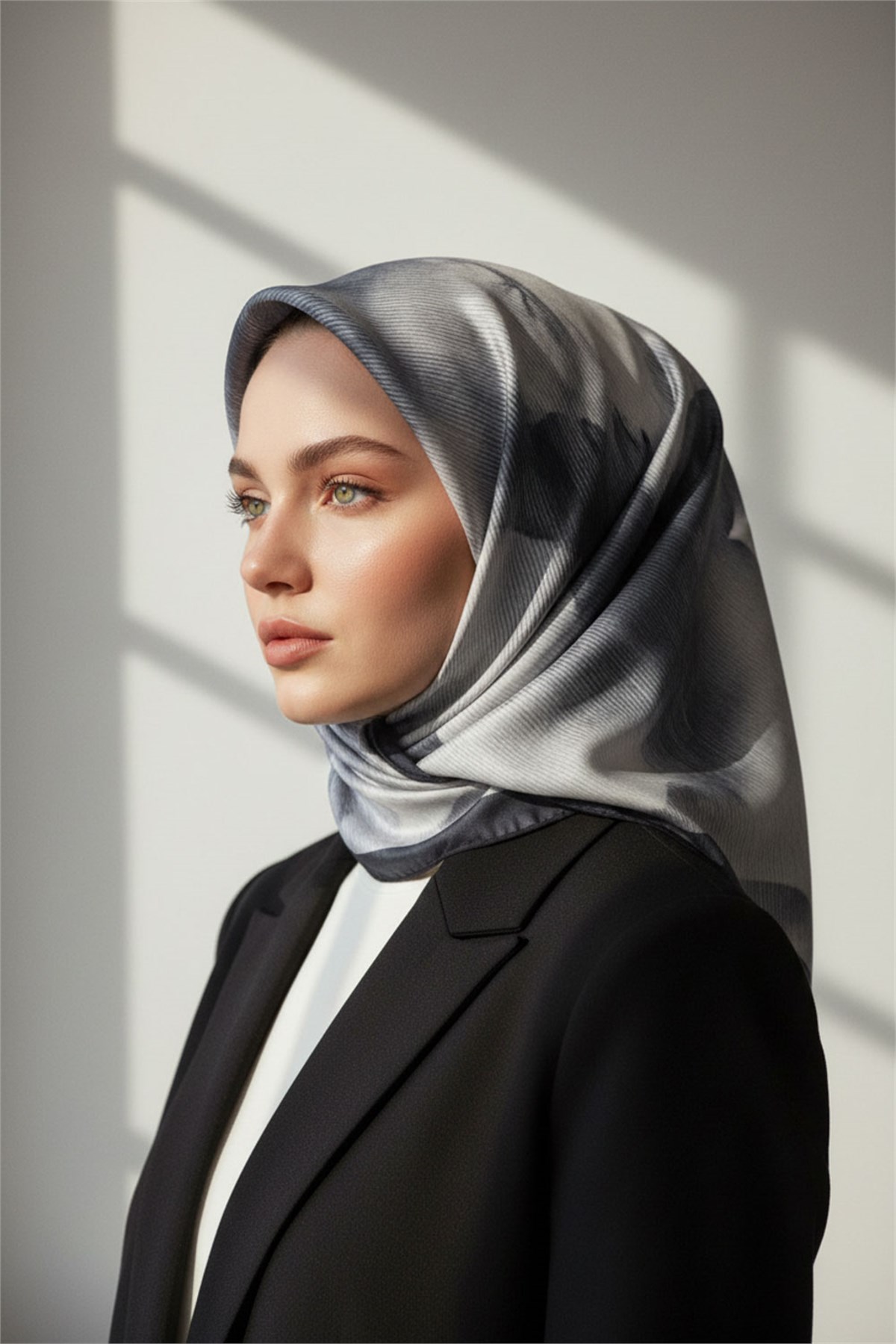 %100 Twill İpek Yaprak Desenli Gri - Siyah Renkli 90x90 Eşarp Dikim Şekli : El Dikişi