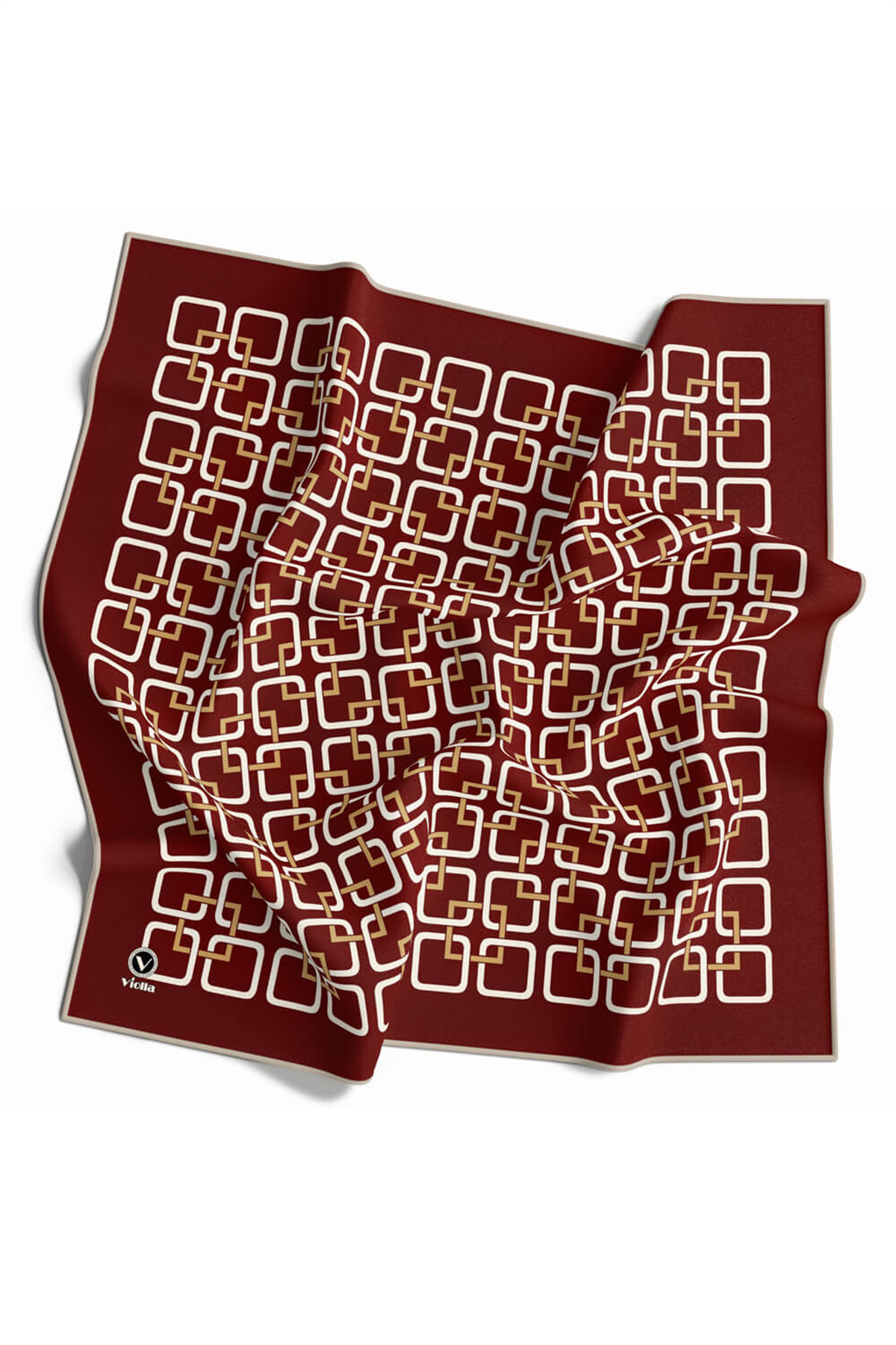 Twill Geometrik Desenli Bordo Renkli 90x90 Eşarp (İpek İçermez) Kenar Dikiş Şekli El Dikişli