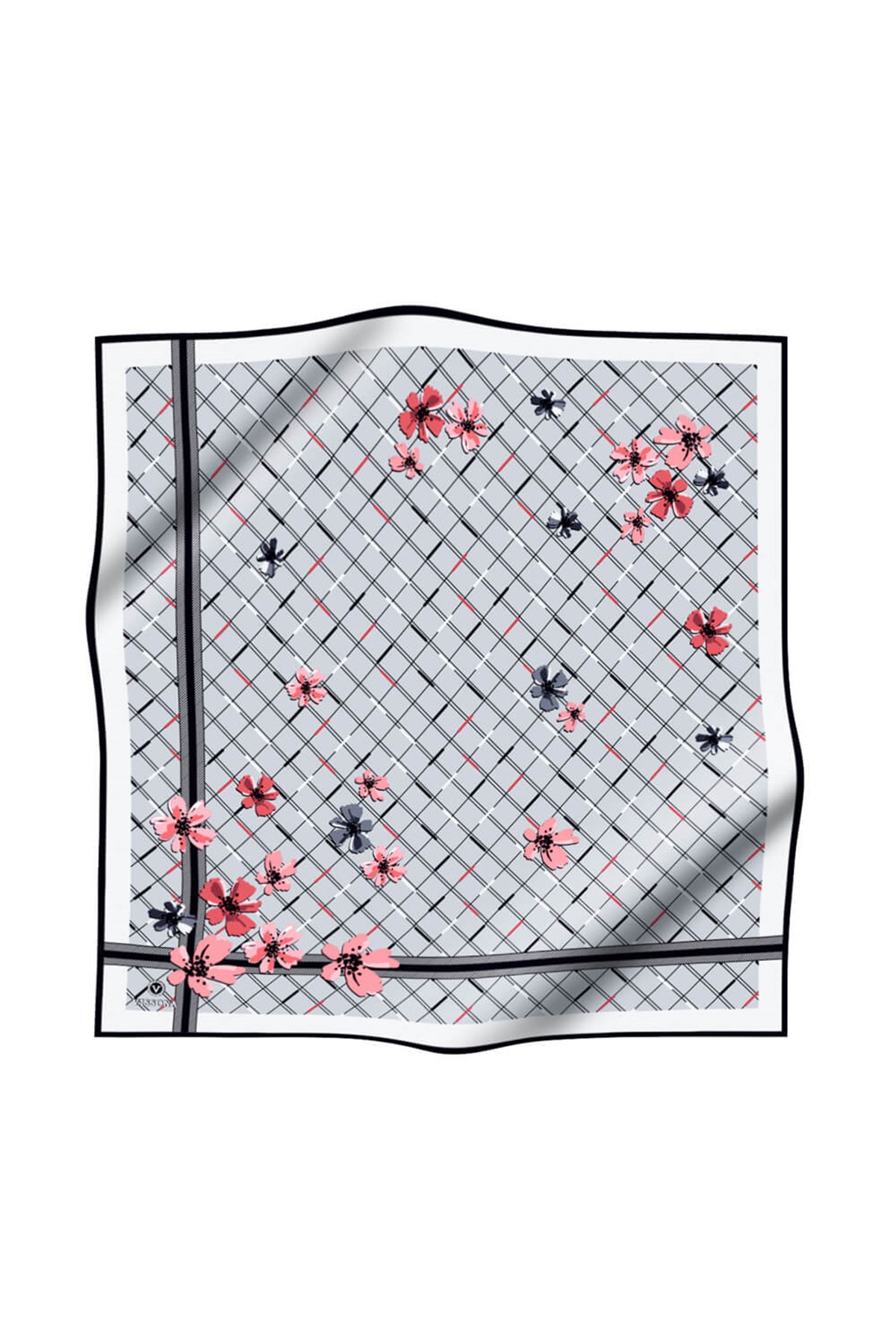 %100 Twill İpek Çıtır Çiçek Desenli Gümüş - Pembe Renkli 90x90 Eşarp Dikim Şekli : El Dikişi