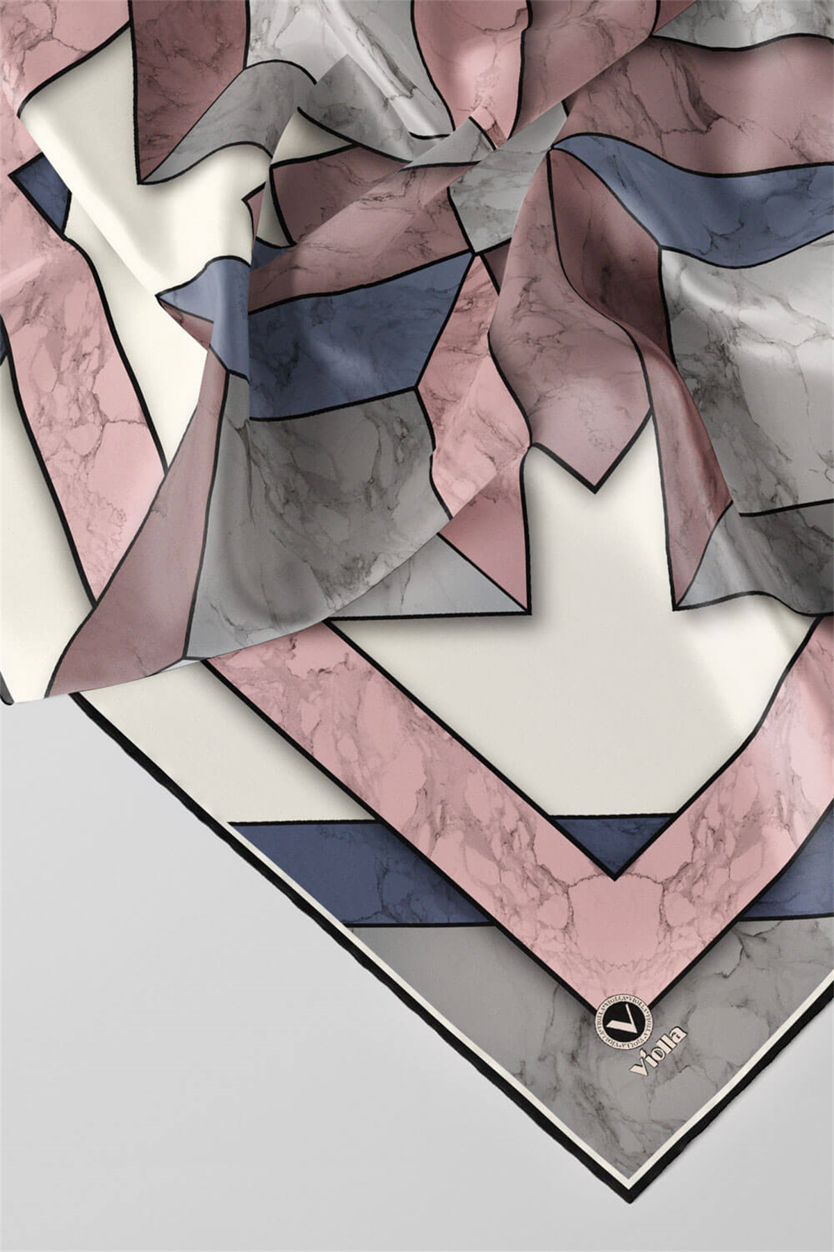 Twill Mermer Desenli Pudra - Bebe Mavisi Renkli 90x90 Eşarp (İpek İçermez) Kenar Dikiş Şekli El Dikişli