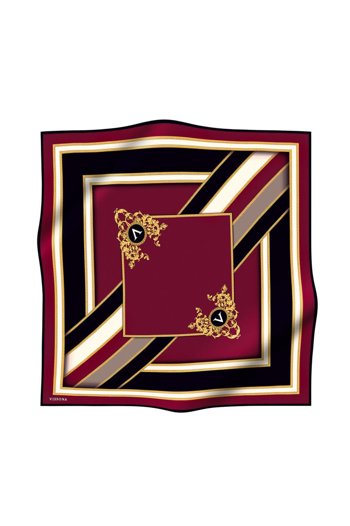 %100 Twill İpek Baroklu Ve Geometrik Desenli Bordo - Siyah Renkli 90x90 Eşarp Dikim Şekli : El Dikişi