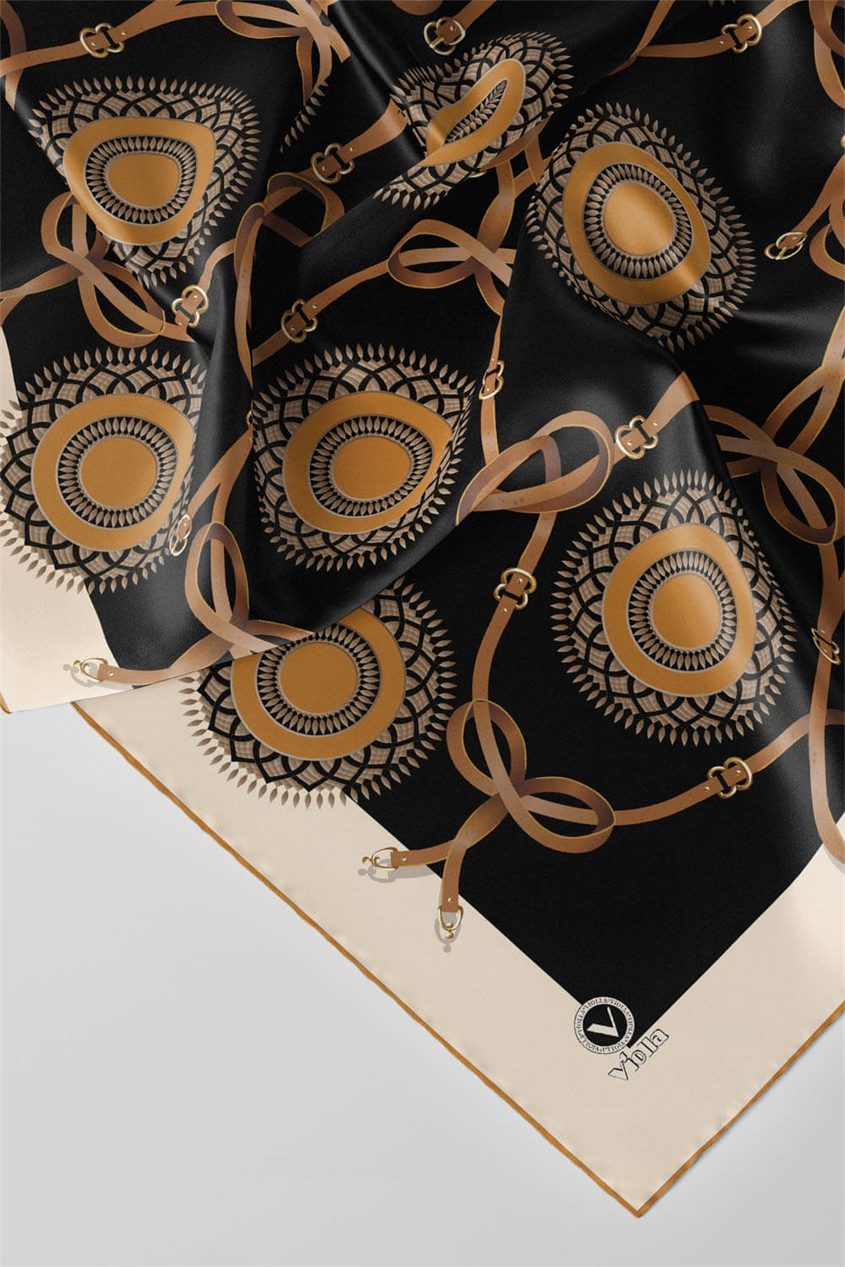 Twill Kemerli Ve Geometrik Desenli Hardal Renkli 90x90 Eşarp (İpek İçermez) Kenar Dikiş Şekli El Dikişli