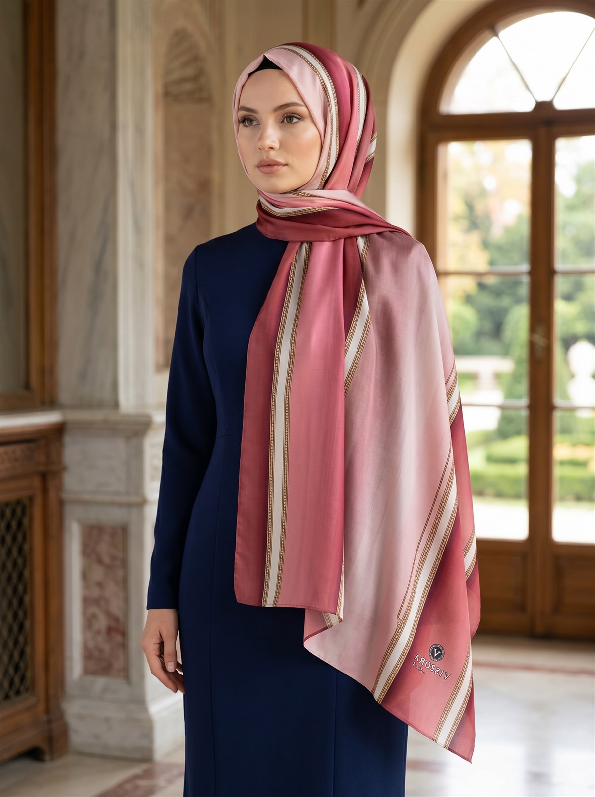 %100 Saf İpek Şal İnce Saten Vual Dokuma Şerit Desenli Gül Kurusu - Pudra Renkli 90x210 Şal