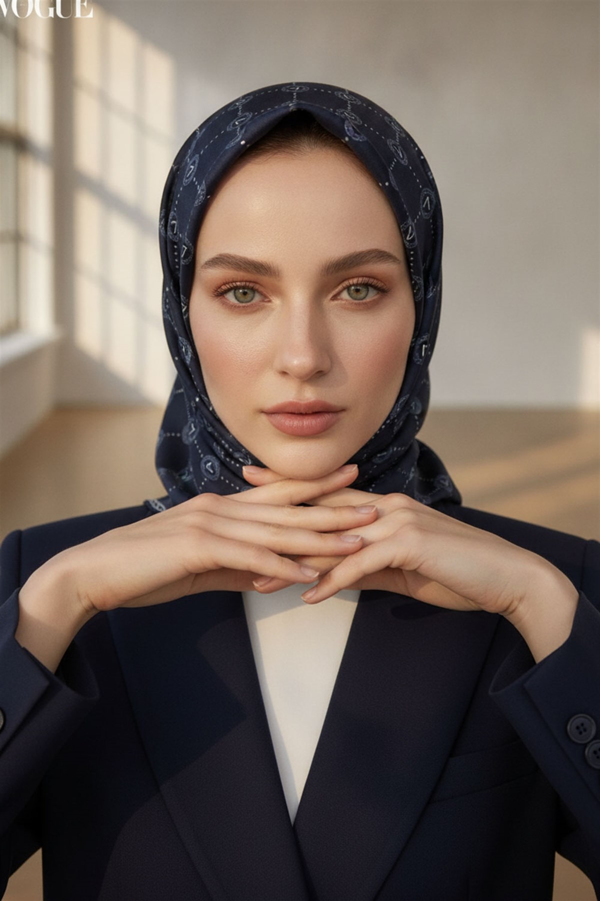 %100 Twill İpek Monogram Desenli Lacivert Renkli 90x90 Eşarp Dikim Şekli : El Dikişi