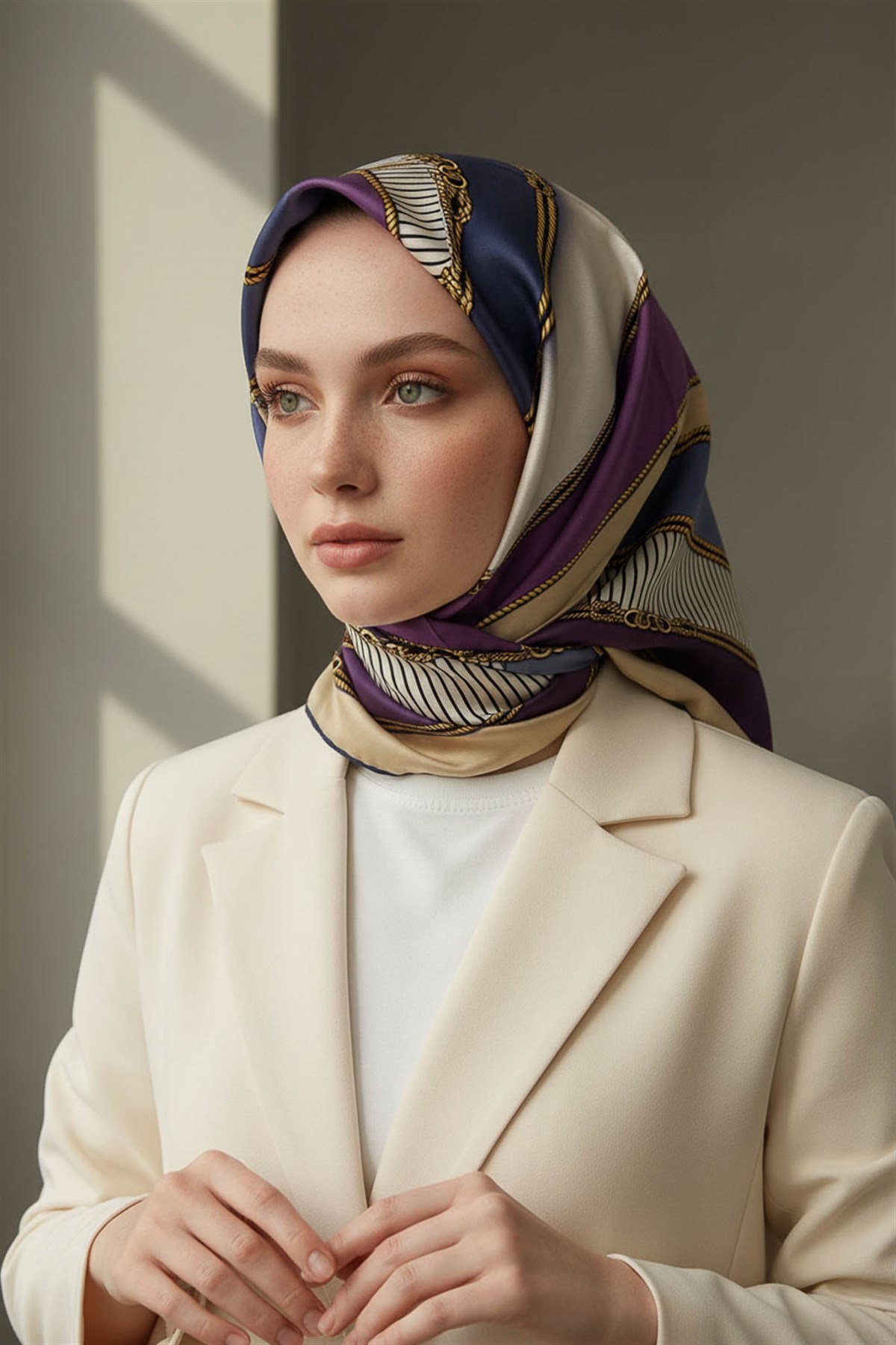 % 57 İPEK % 43 VİSKON Twill İpek Zincir Detaylı Geometrik Desenli İndigo - Mor Renkli 90x90 Eşarp Dikim Şekli : El Dikişi