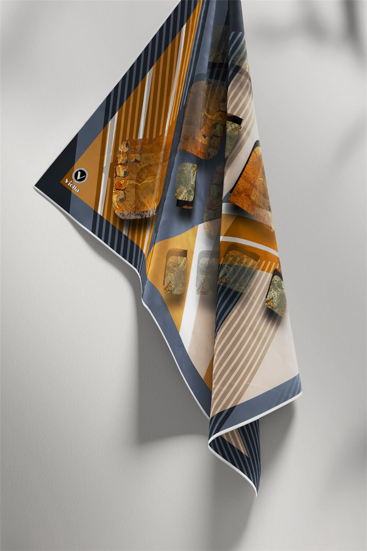 Twill Çizgili ve Geometrik Desenli Hardal Renkli 90x90 Eşarp (İpek İçermez) Kenar Dikiş Şekli El Dikişli