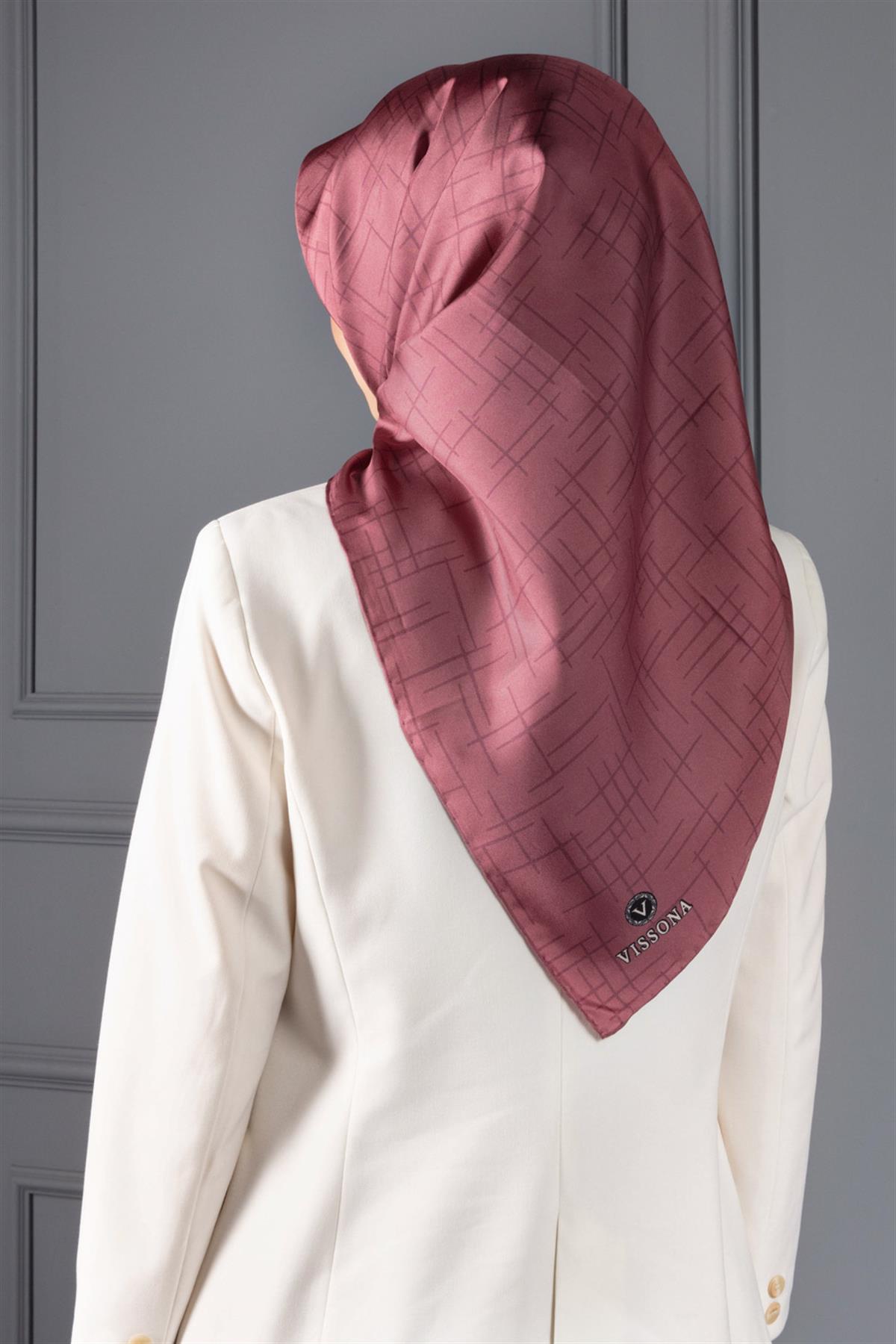 %100 Twill İpek Çizgi Desenli Gül Kurusu Renkli 90x90 Eşarp Dikim Şekli : El Dikişi