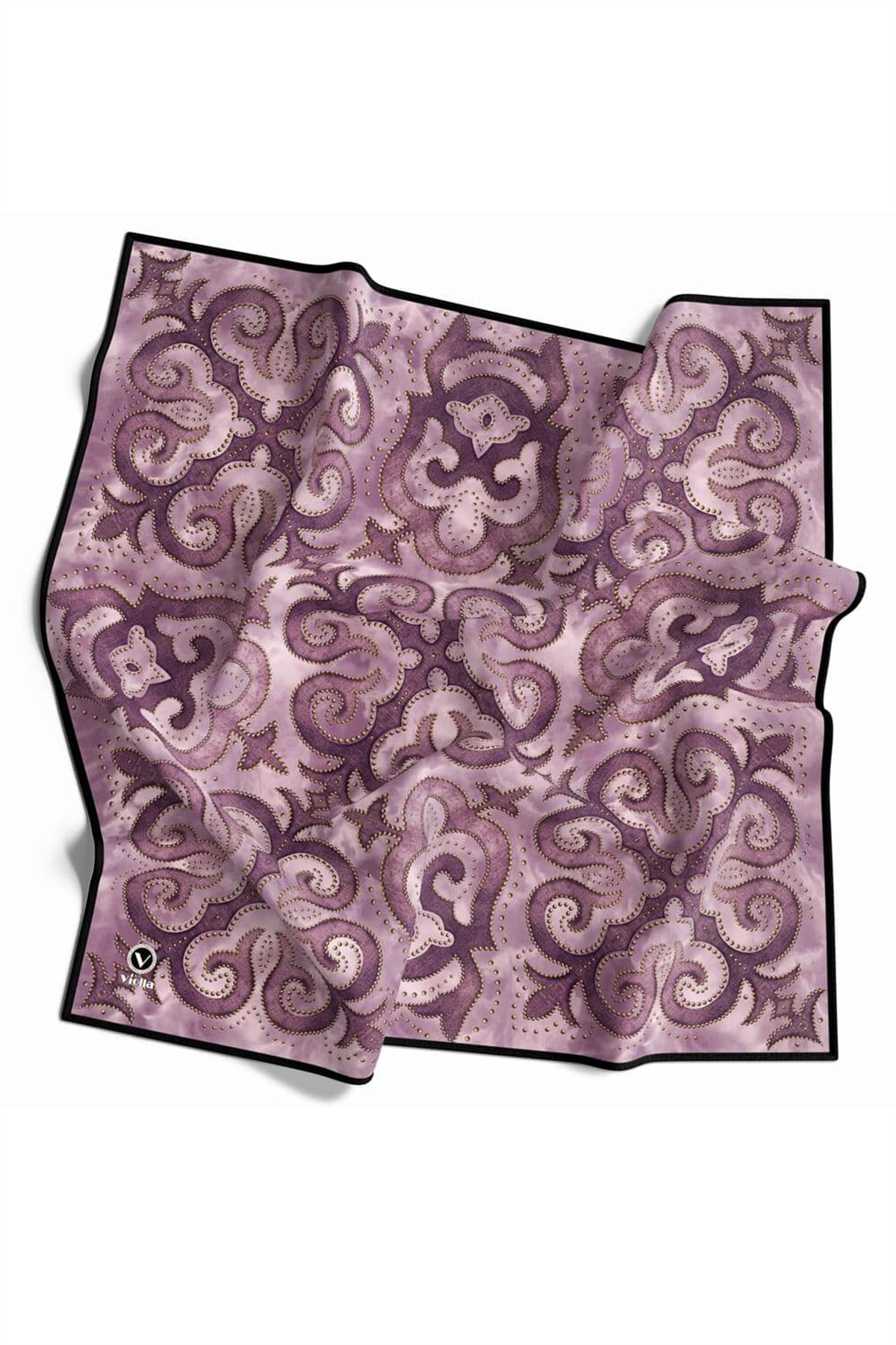 Twill Barok Desenli Lila Renkli 90x90 Eşarp (İpek İçermez) Kenar Dikiş Şekli El Dikişli