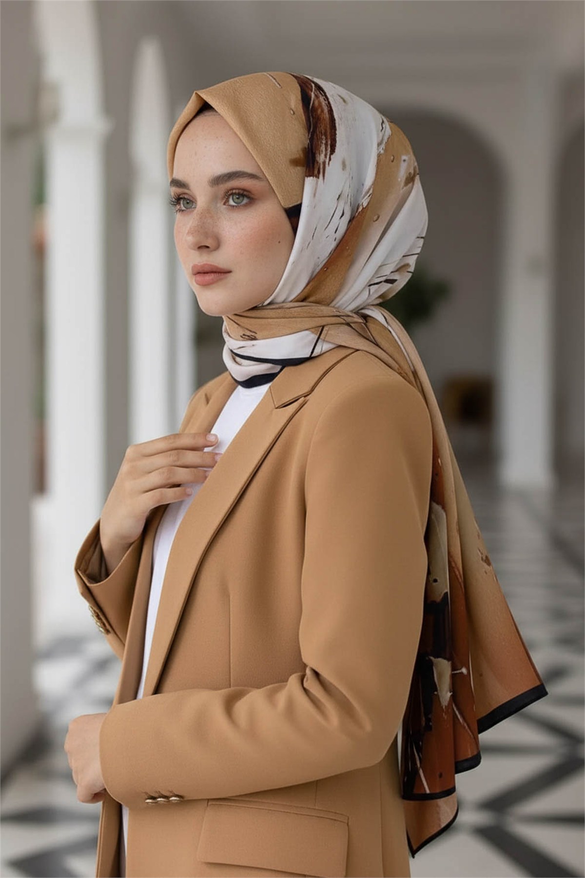 KREP BATİK DESENLİ BEJ - TABA RENKLİ 75X195 KIRIŞMAZ ŞAL