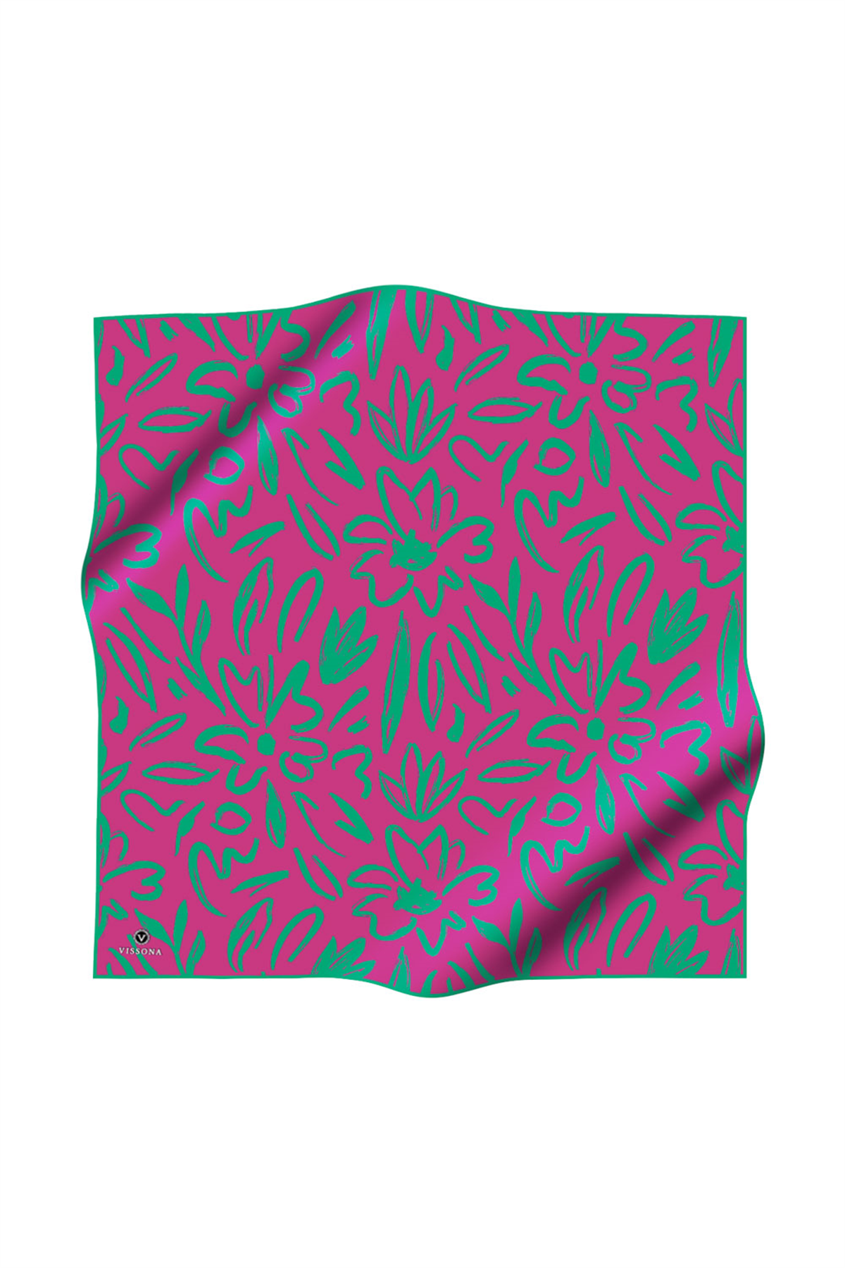 % 57 İPEK % 43 VİSKON Twill İpek Büyük Çiçek Desenli Fuşya - Koyu Mint Yeşili Renkli 90x90 Eşarp Dikim Şekli : El Dikişi