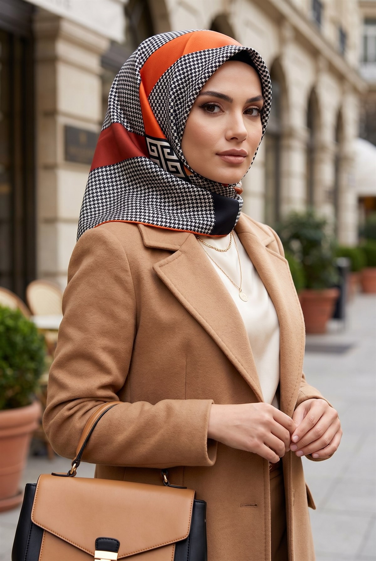 %100 Twill İpek Kazayağı Desenli Turuncu - Taba Renkli 90x90 Eşarp Dikim Şekli : El Dikişi