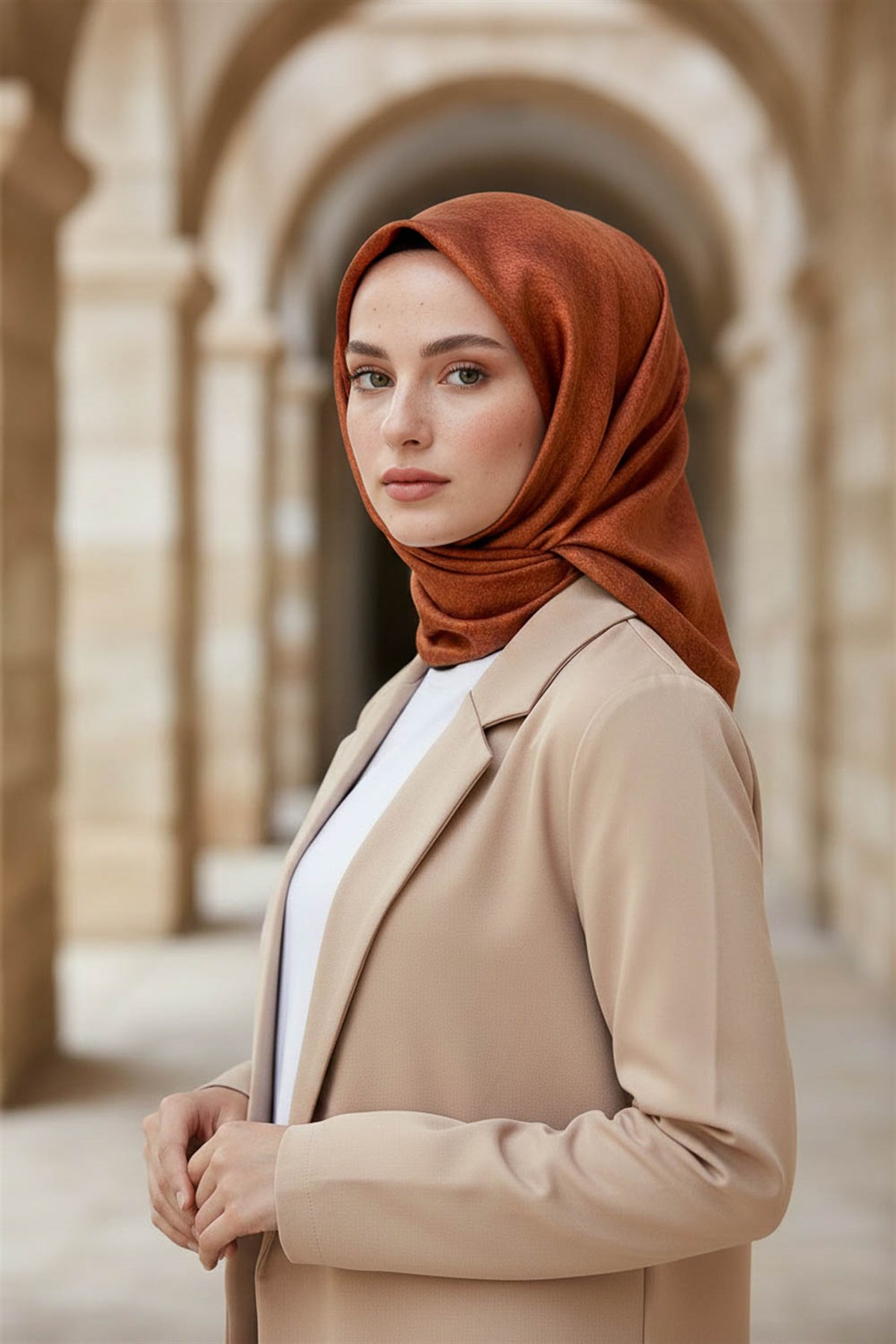 %100 Twill İpek Doku Desenli Sarı - Taba Renkli 90x90 Eşarp Dikim Şekli : El Dikişi
