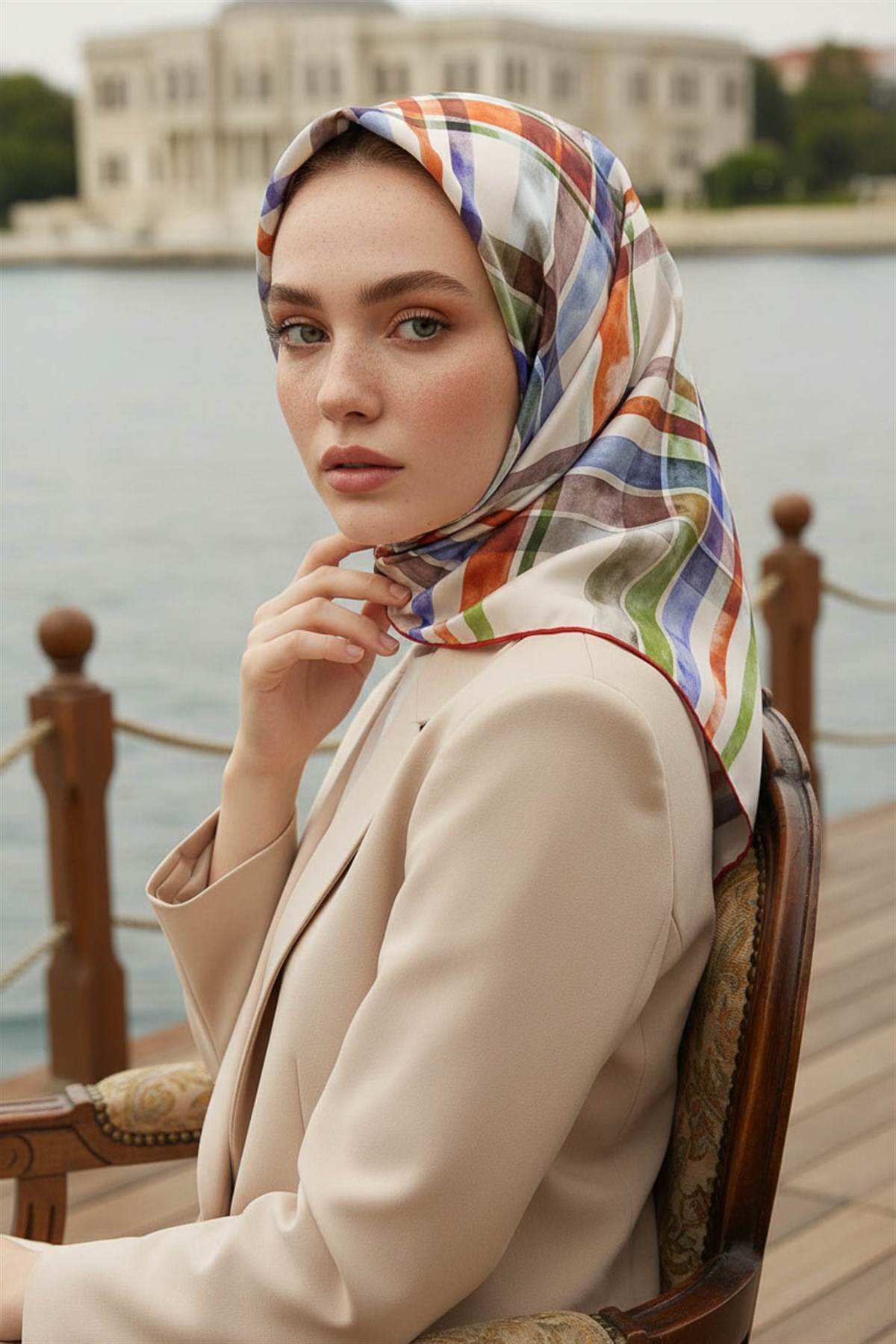 %100 Twill İpek Ekose Desenli Taba - Haki Renkli 90x90 Eşarp Kenar Dikiş Şekli El Dikişli