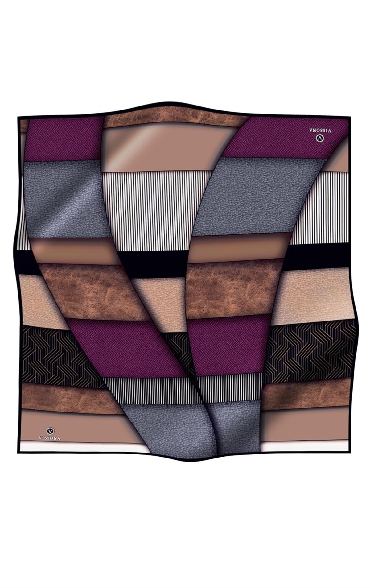 %100 Twill İpek Dokulu ve Geometrik Desenli Mürdüm - Vizon Renkli 90x90 Eşarp Dikim Şekli : El Dikişi