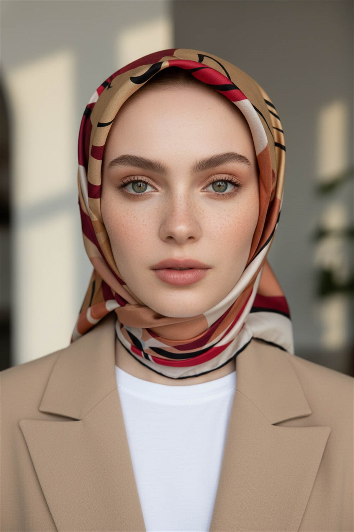 %100 Twill İpek Çiçek Desenli Bordo - Bej Renkli 90x90 Eşarp Dikim Şekli : El Dikişi
