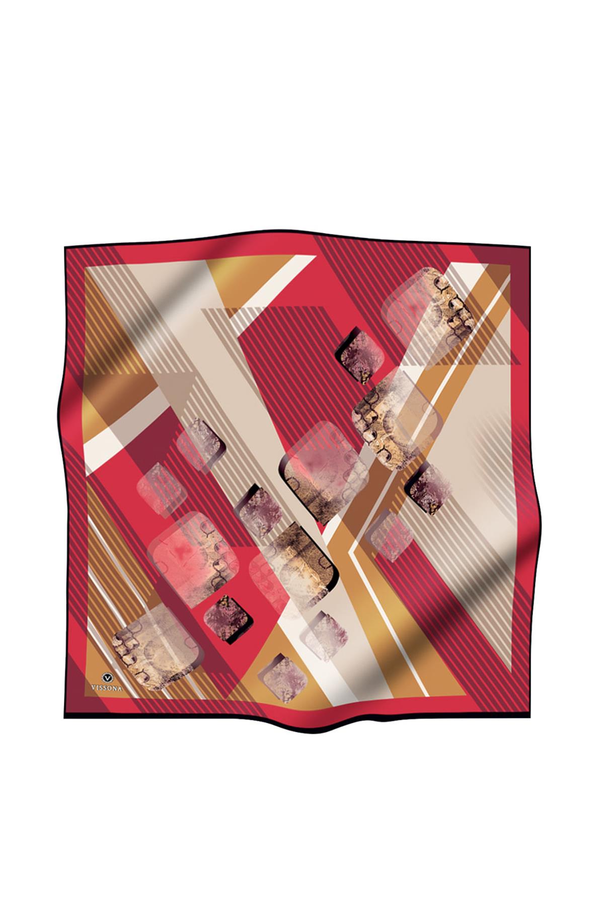 %100 Twill İpek Geometrik Desenli Bordo Renkli 90x90 Eşarp Dikim Şekli : El Dikişi