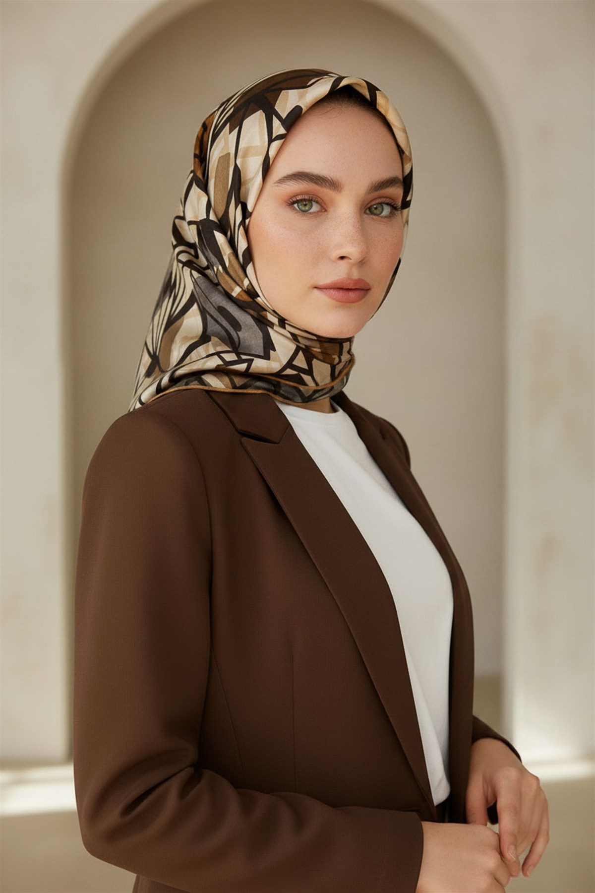 %100 Twill Renkli Petek Desenli Sütlükahve - Vizon Renkli 90x90 Eşarp Dikim Şekli: El Dikişii