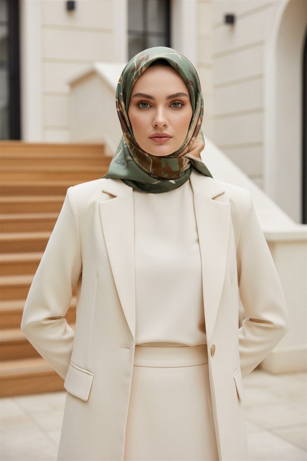 %57 İPEK %43 VİSKON Twill İpek Geometrik Desenli Çağla Yeşili - Bakır Renkli 90x90 Eşarp Dikim Şekli : El Dikişi
