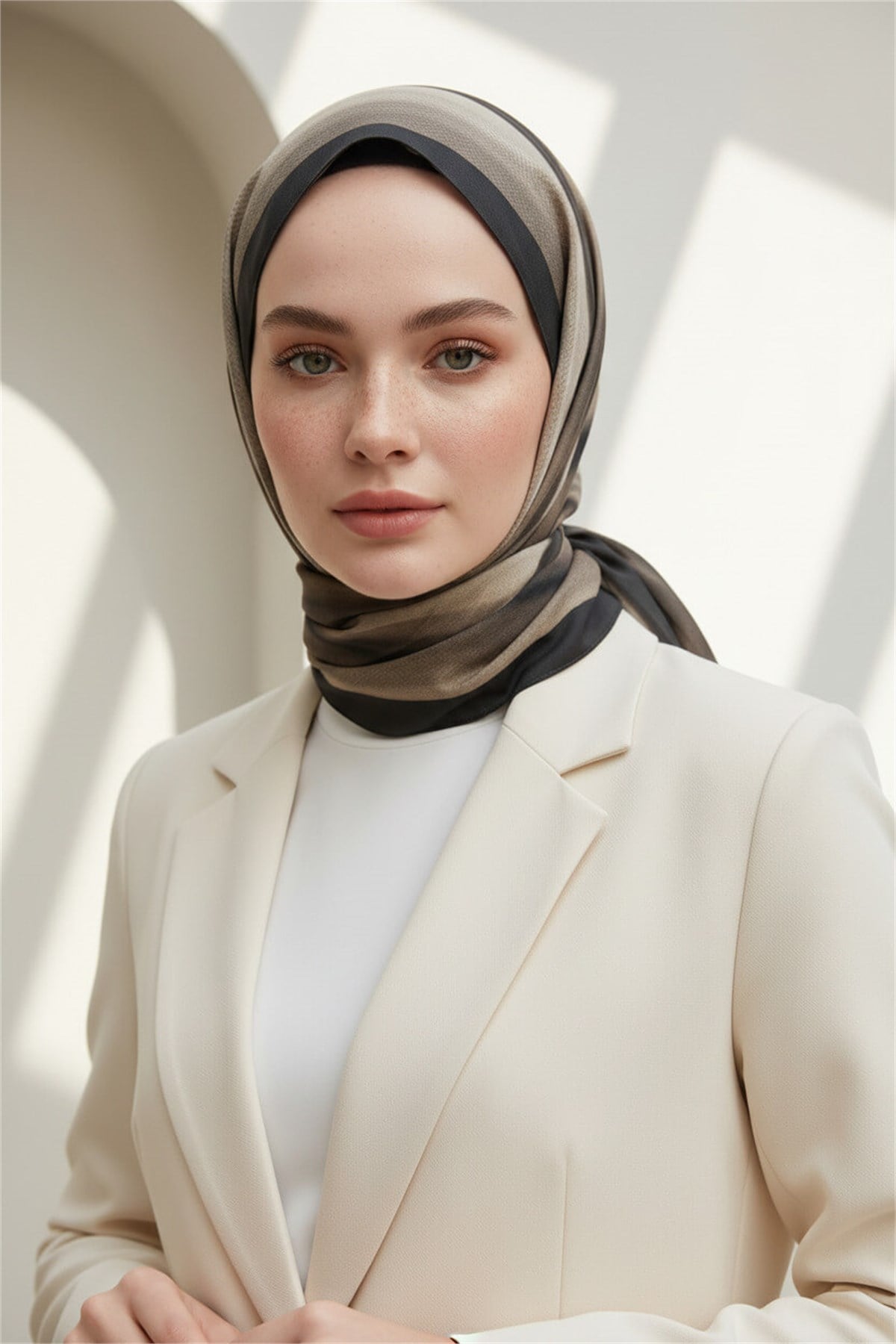 KREP SULU BOYA ÇİZGİLİ DESENLİ GRİ - BEJ RENKLİ 75X195 KIRIŞMAZ ŞAL
