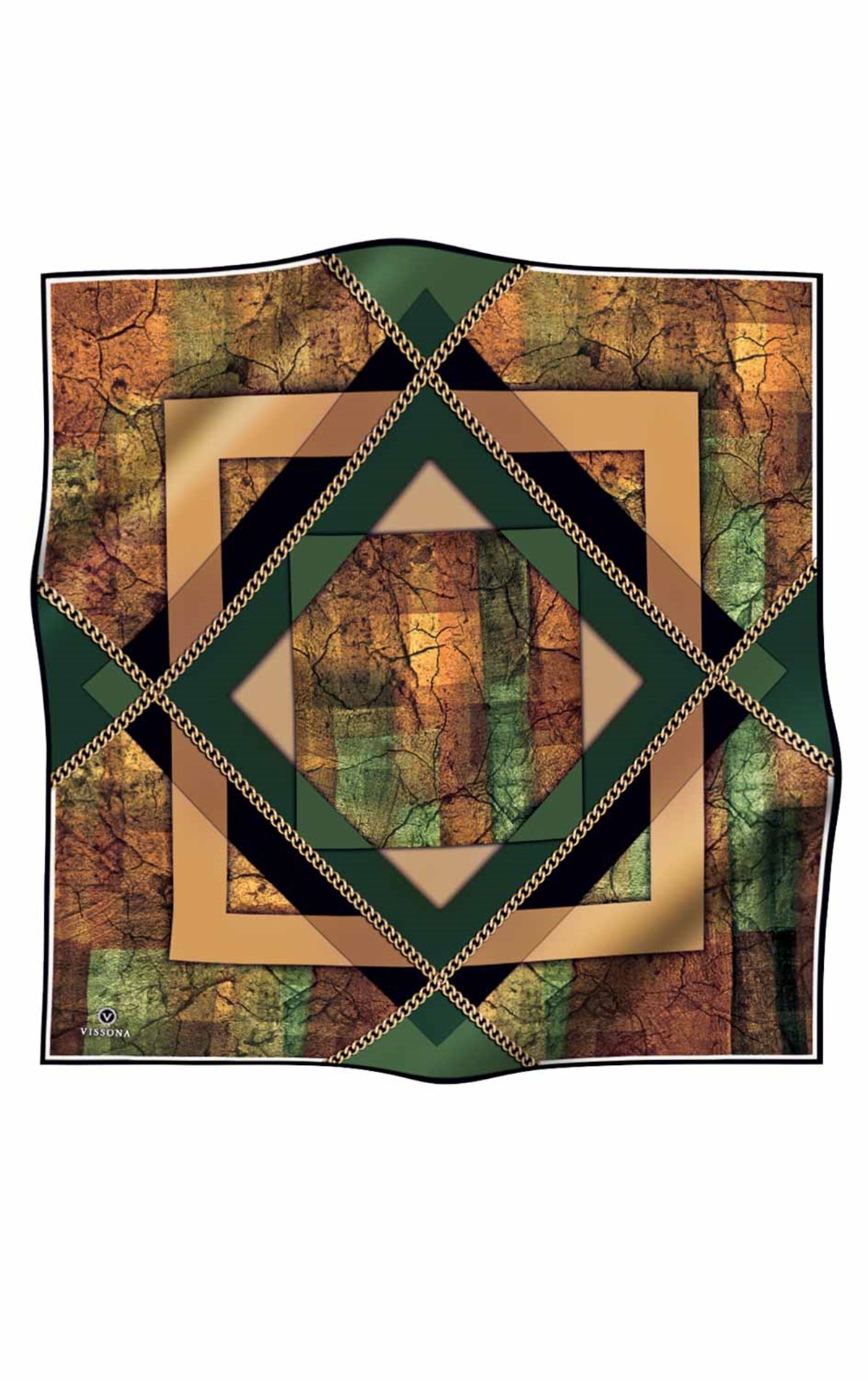 %100 Twill İpek Taş Efekti Desenli Zümrüt - Siyah Renkli 90x90 Eşarp Dikim Şekli : El Dikişi