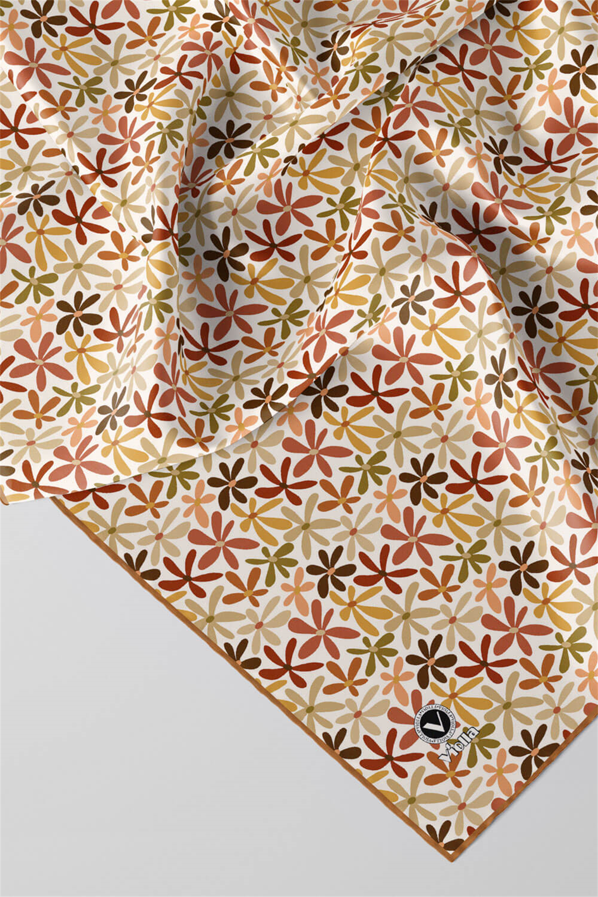 Twill Renkli Çiçek Desenli Hardal Renkli 90x90 Eşarp (İpek İçermez) Kenar Dikiş Şekli El Dikişli