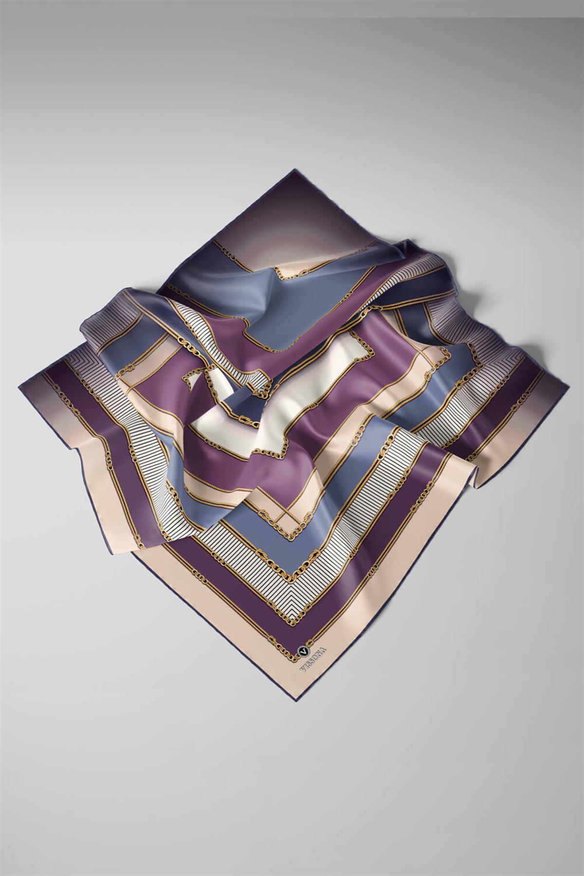 %100 Twill İpek Zincir Detaylı Geometrik Desenli İndigo - Mor Renkli 90x90 Eşarp Dikim Şekli : El Dikişi
