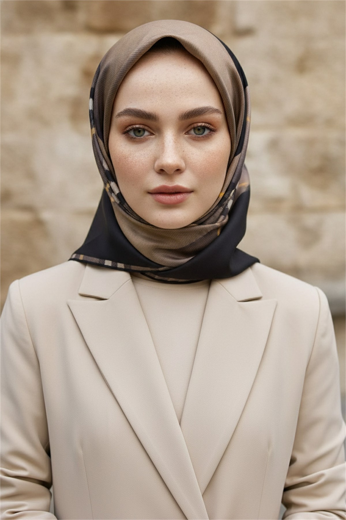 %100 Twill İpek Eşarp 90x90 Bej Siyah Ekose Desenli El Dikişli Kadın Eşarp