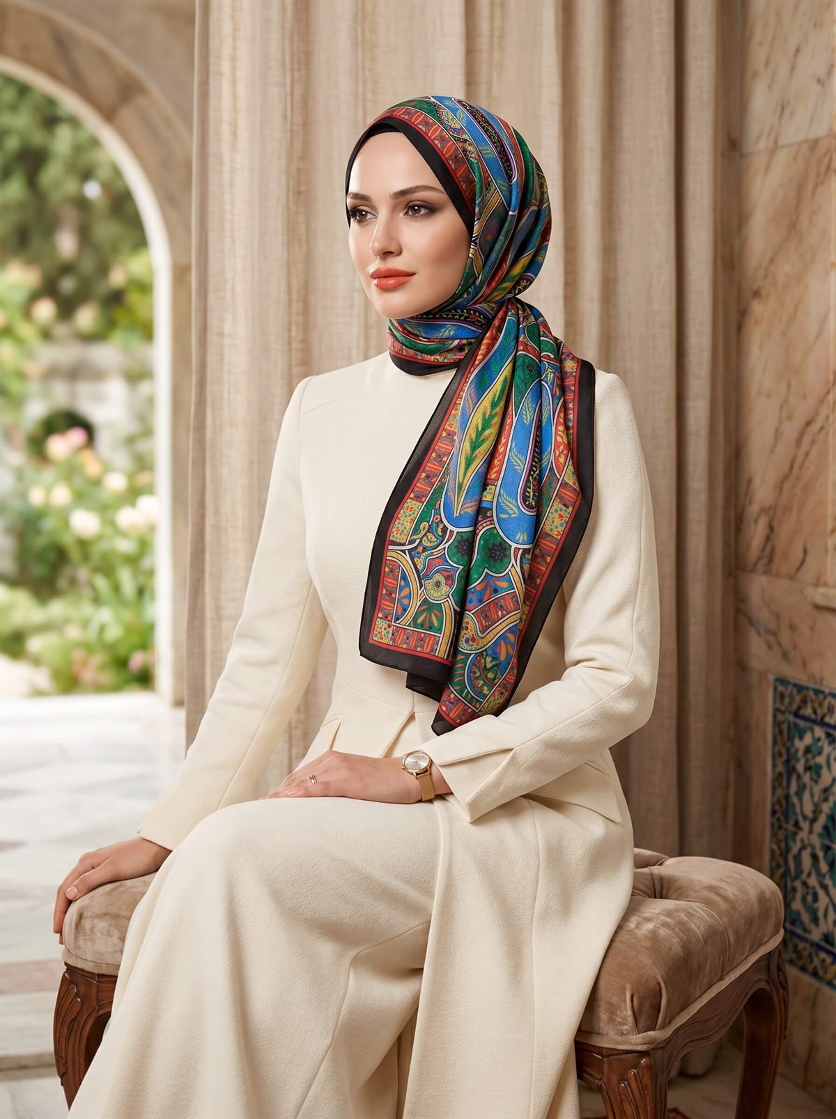 100% İpek Etro Desenli Siyah - Fıstık Yeşili Renkli 92x210 Şal