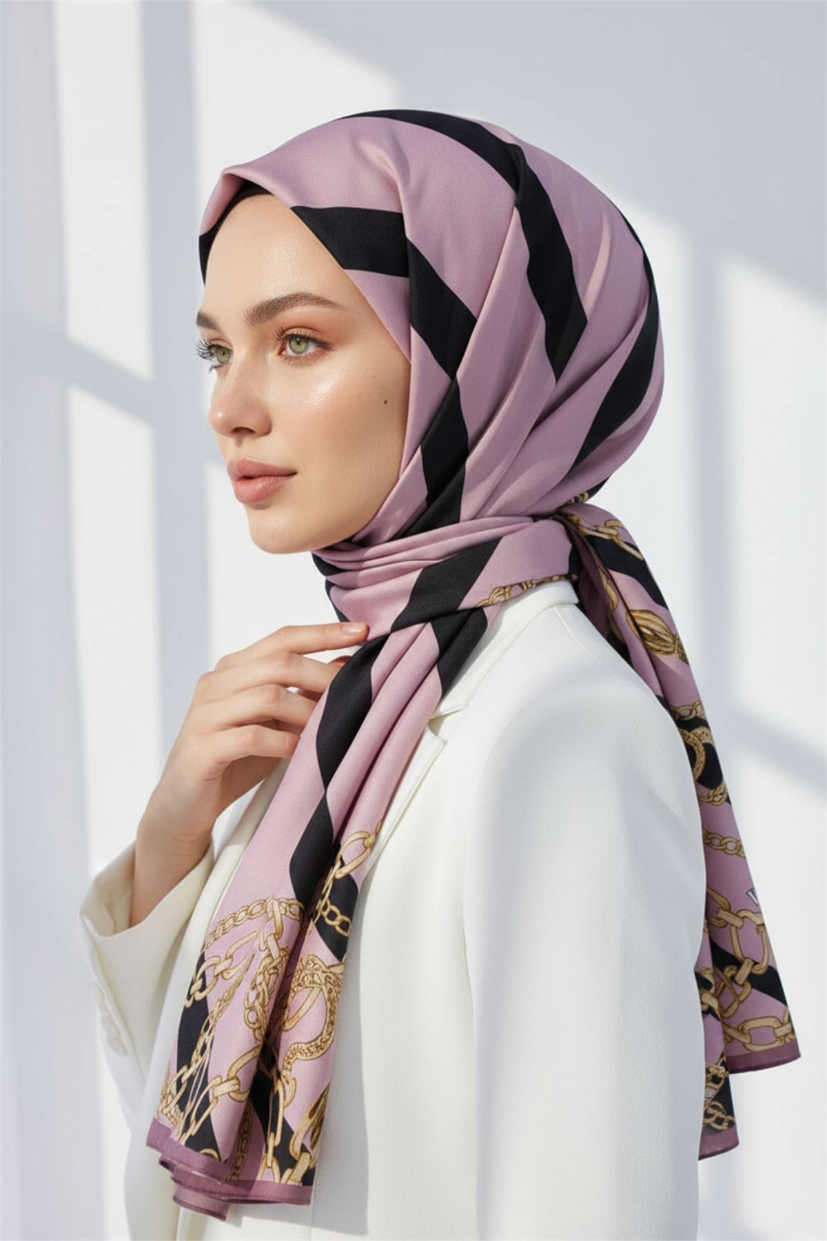 KREP ÇİZGİLİ VE ZİNCİR DESENLİ PUDRA RENKLİ 75X195 KIRIŞMAZ ŞAL