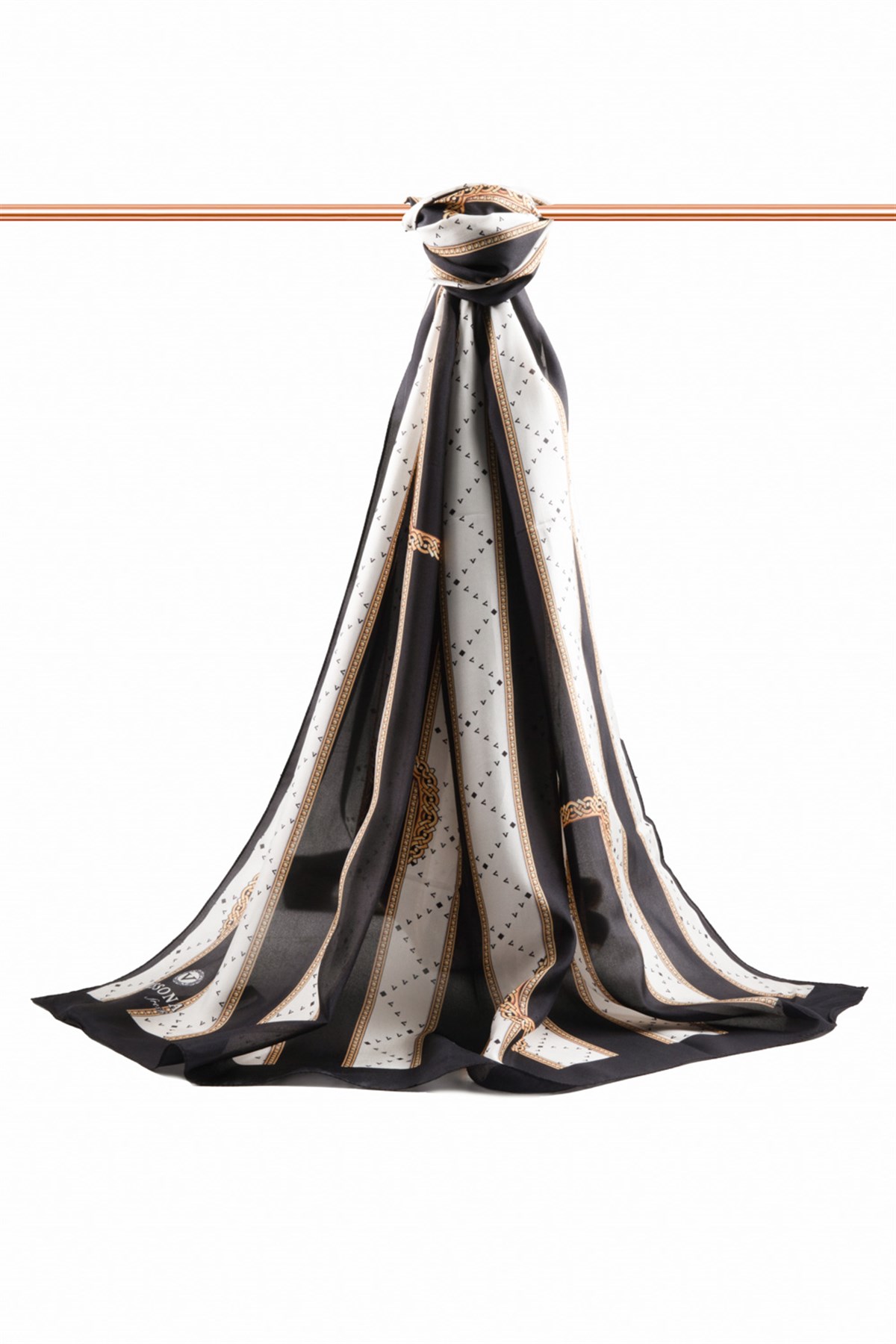 100% İPEK KEMER DESENLİ SİYAH - BEYAZ RENKLİ ŞAL