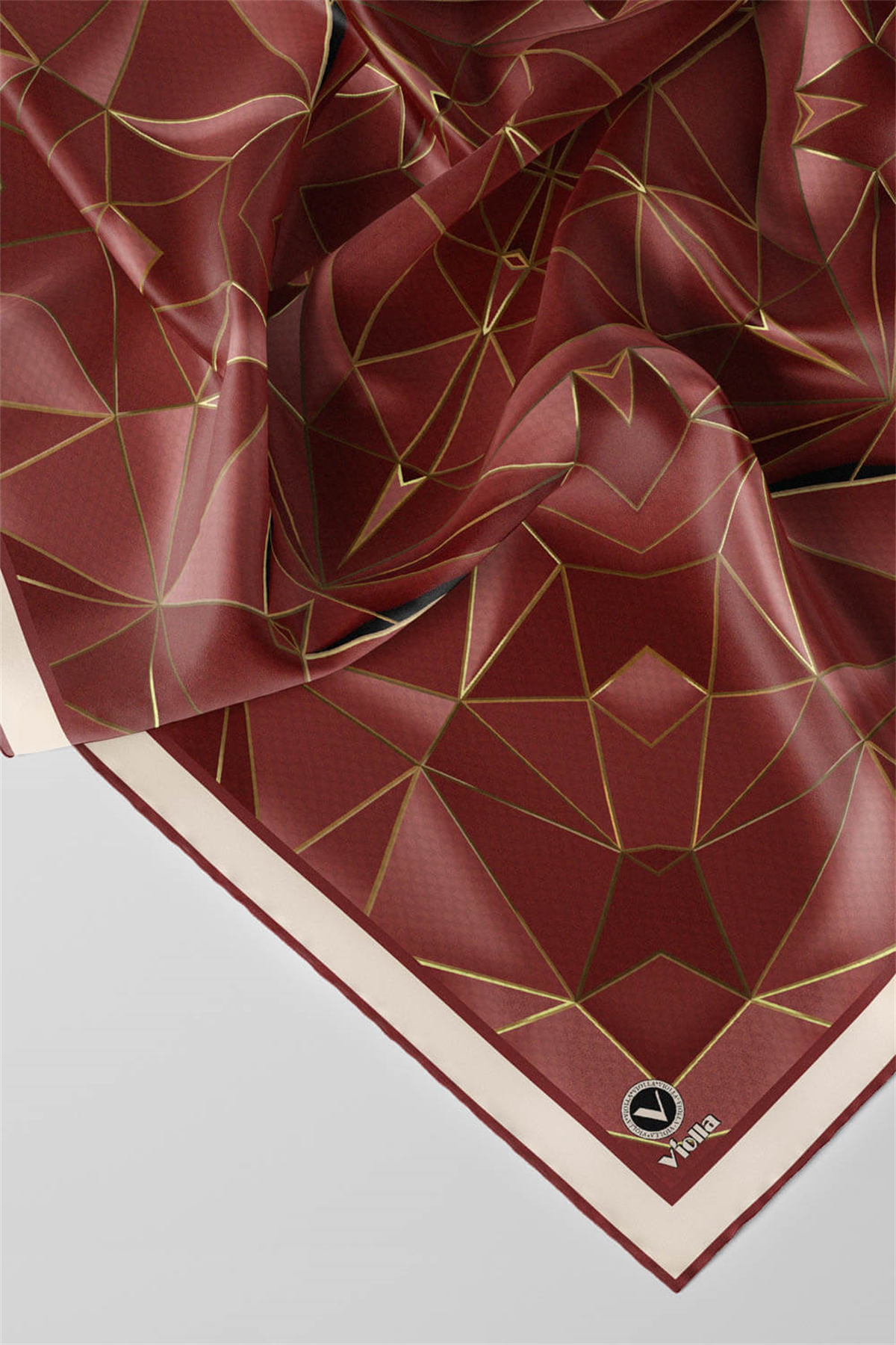 Twill Geometrik Desenli Gül Kurusu Renkli 90x90 Eşarp (İpek İçermez) Kenar Dikiş Şekli El Dikişli