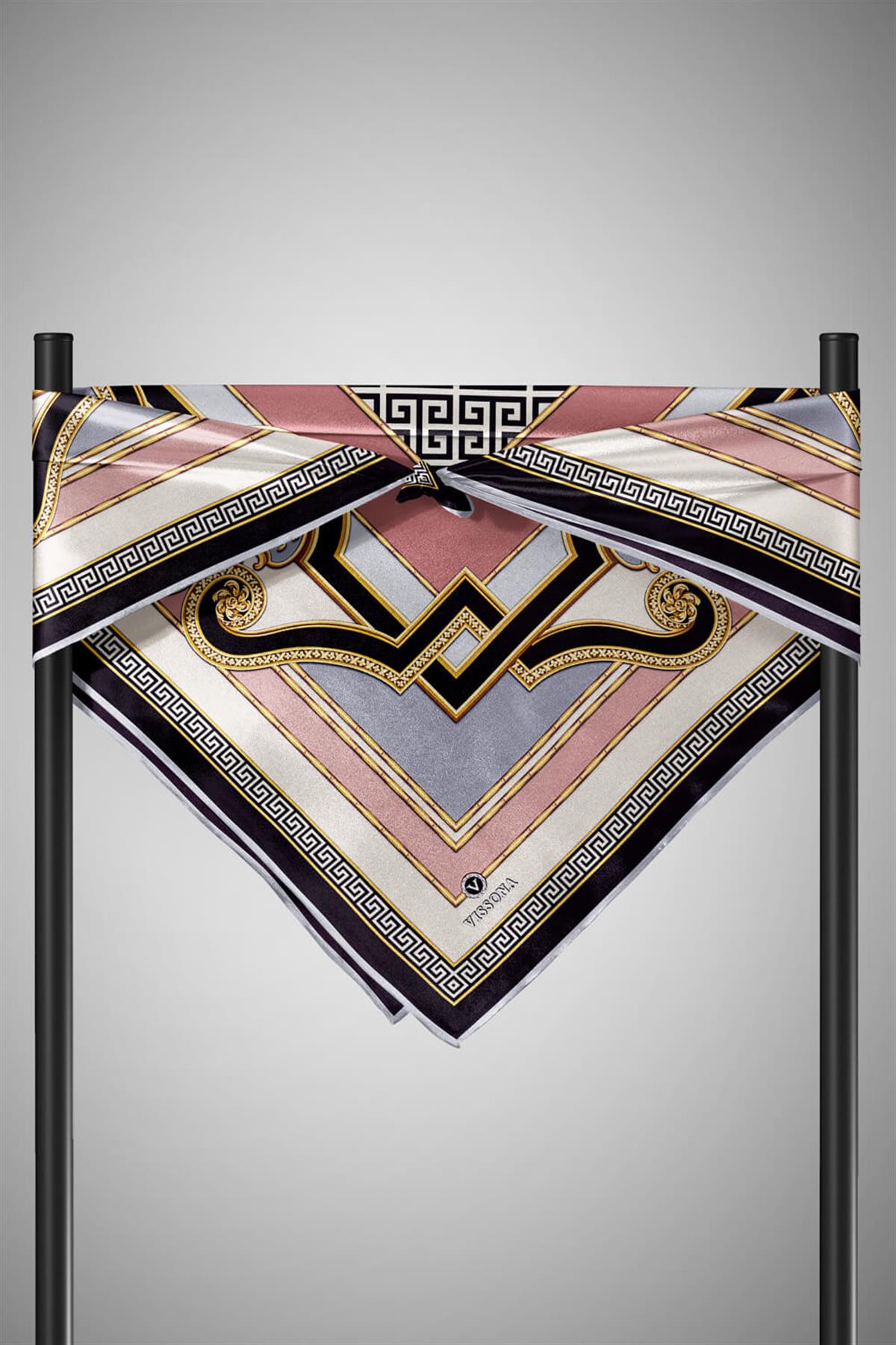 %100 Twill İpek Barok Desenli Pudra - Gri Renkli 90x90 Eşarp Dikim Şekli : El Dikişi