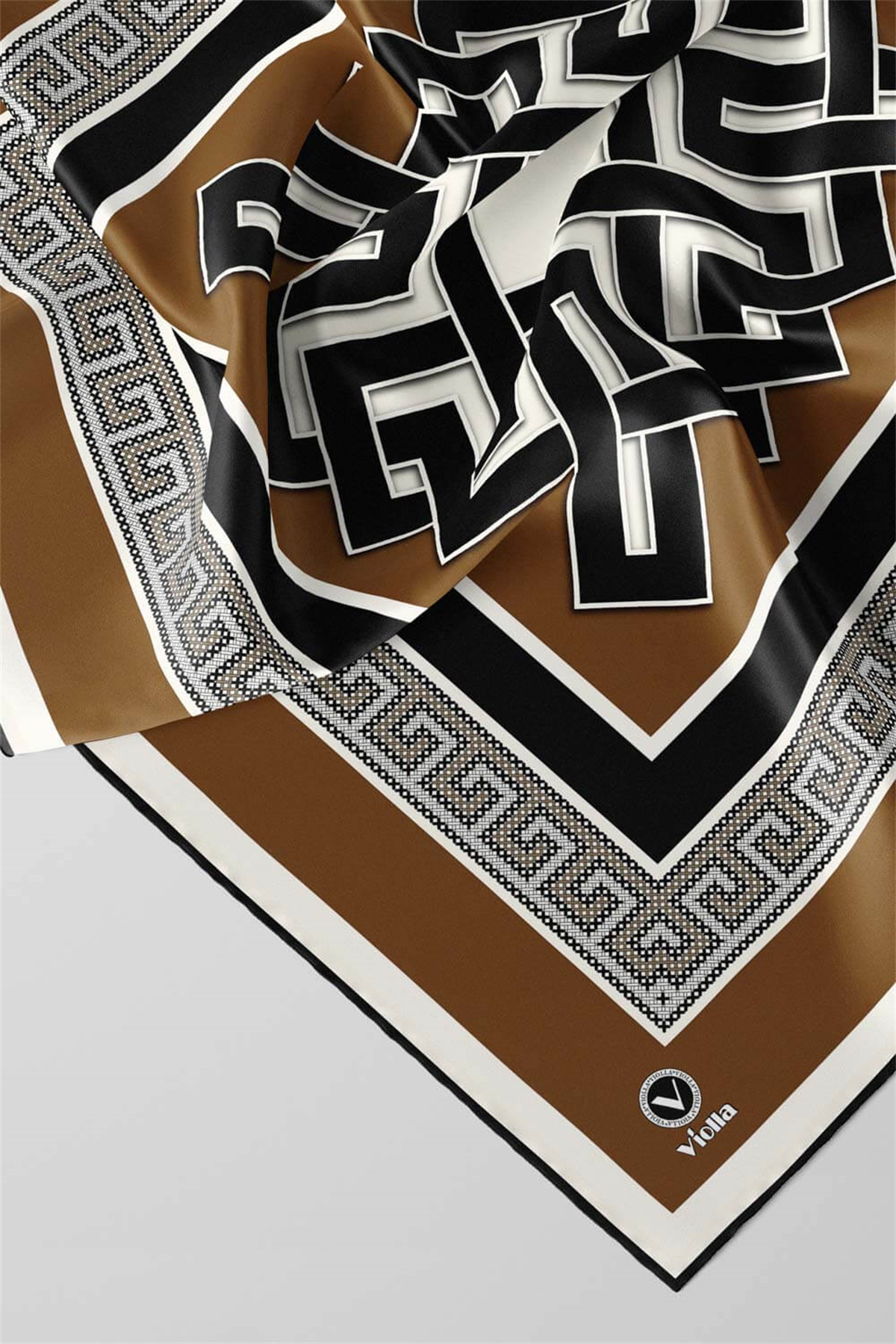 Twill Çizgili Sonsuzluk Düğümü Desenli Kahverengi Renkli 90x90 Eşarp (İpek İçermez)
