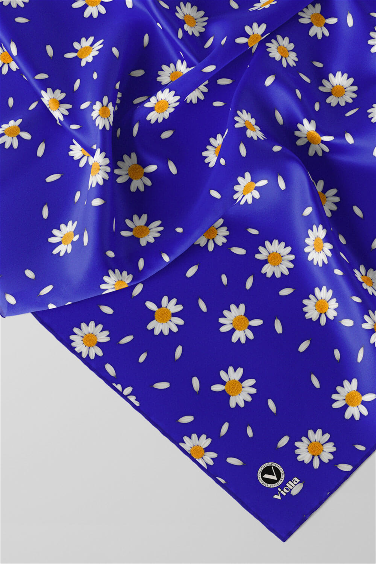 Twill Papatya Desenli Saks Renkli 90x90 Eşarp (İpek İçermez) Kenar Dikiş Şekli El Dikişli