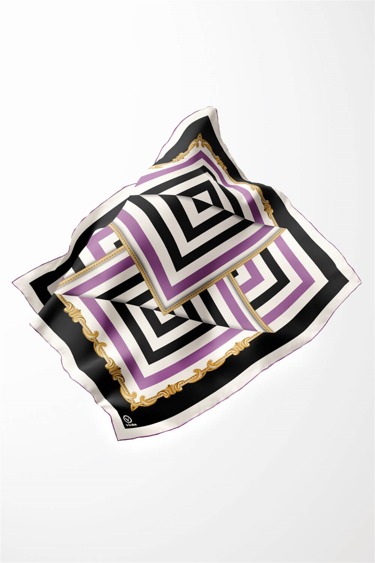 Twill Geometrik Desenli Lila Renkli 90x90 Eşarp (İpek İçermez) Kenar Dikiş Şekli El Dikişli